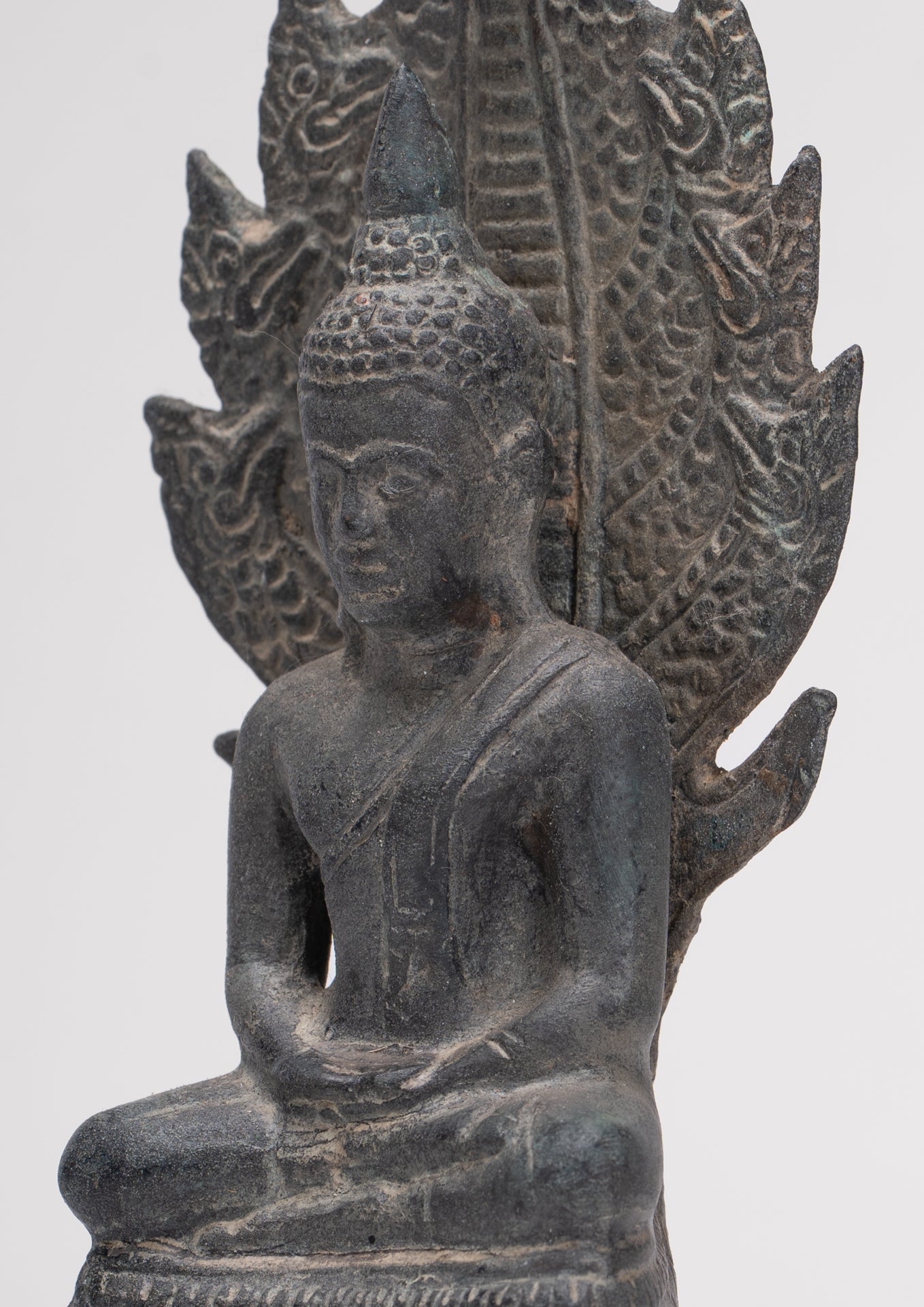 Buddha Statue - Antique Sukhothai Style Bronze Meditating Naga Buddha Statue - 21cm/8"