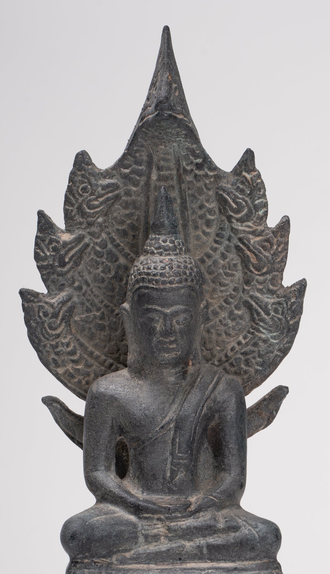 Buddha Statue - Antique Sukhothai Style Bronze Meditating Naga Buddha Statue - 21cm/8"