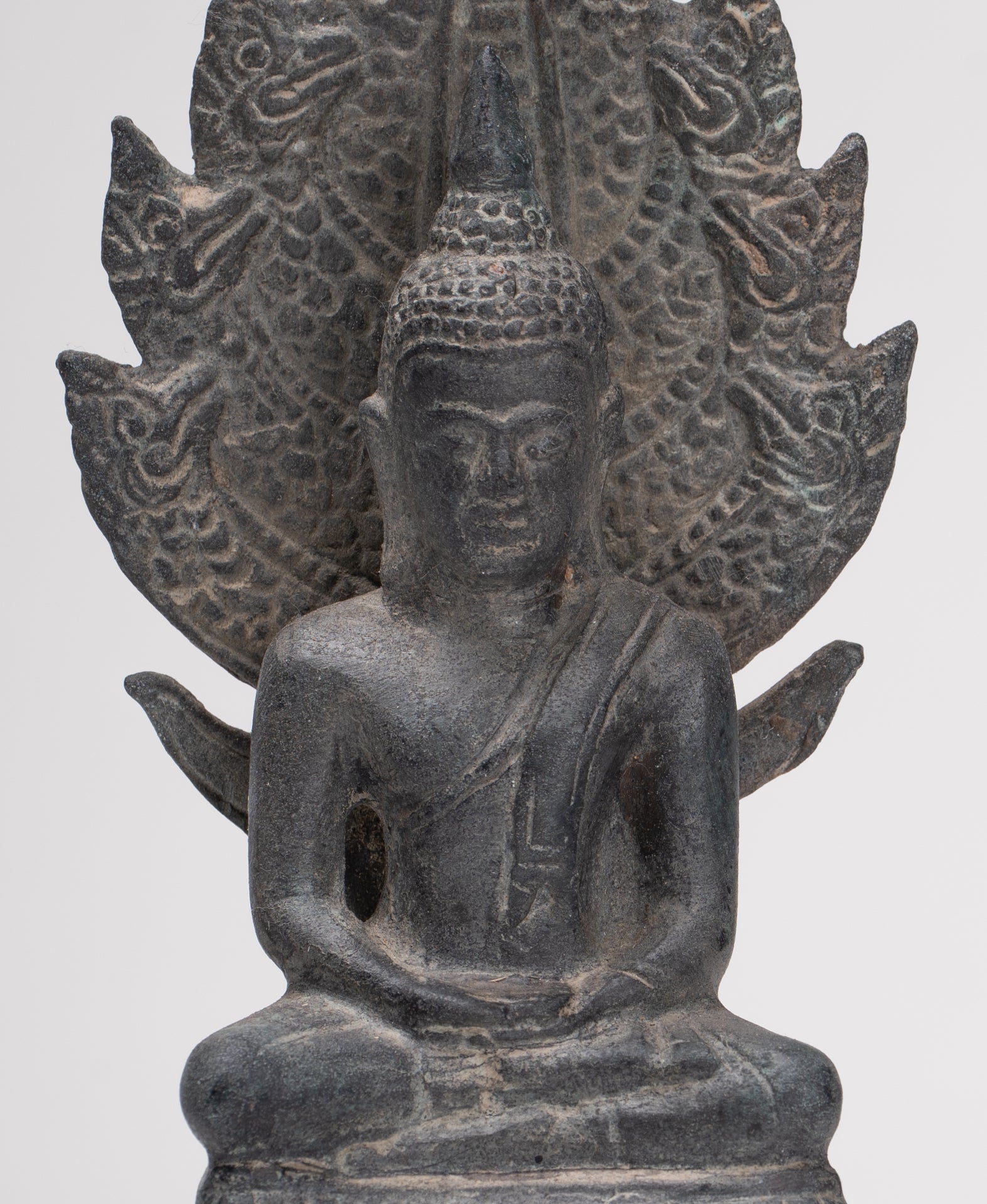 Buddha Statue - Antique Sukhothai Style Bronze Meditating Naga Buddha Statue - 21cm/8"