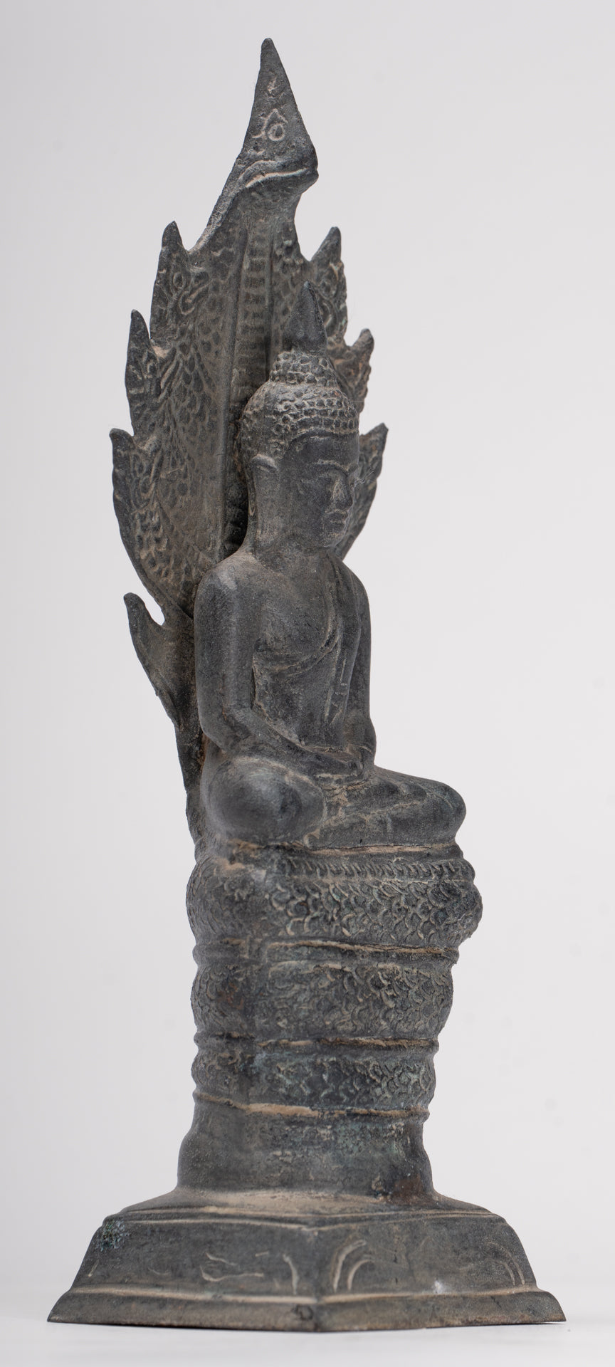 Buddha Statue - Antique Sukhothai Style Bronze Meditating Naga Buddha Statue - 21cm/8"