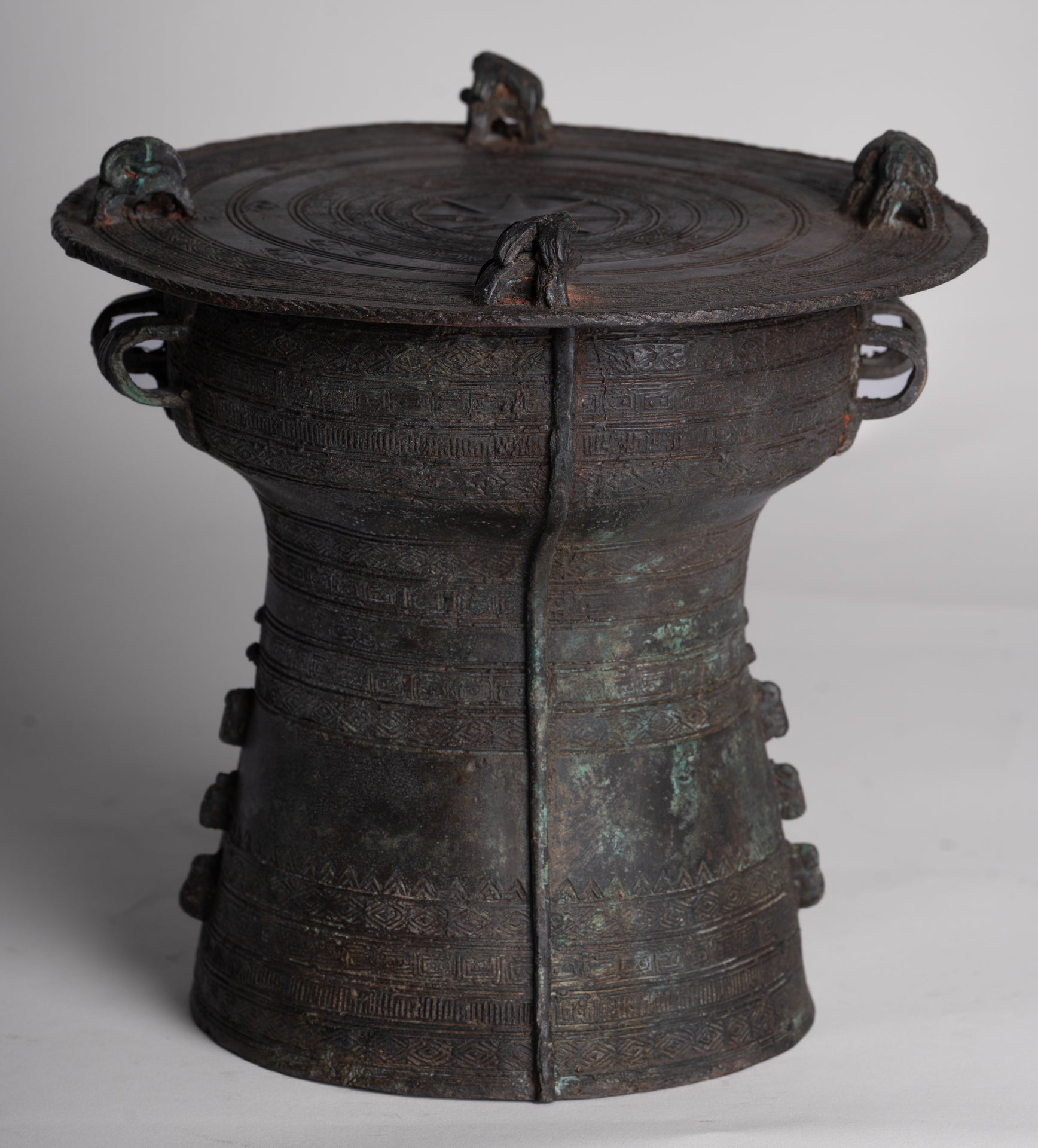 Thai Rain Drum - Antique Thai Style Bronze Free Standing Frog Rain Drum - 19cm/8"