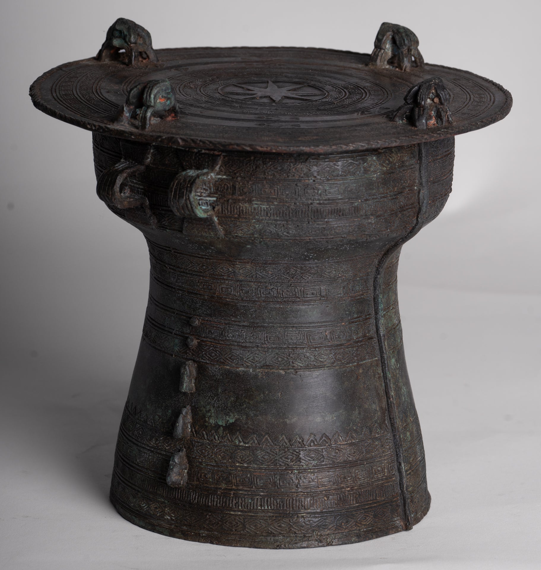 Thai Rain Drum - Antique Thai Style Bronze Free Standing Frog Rain Drum - 19cm/8"