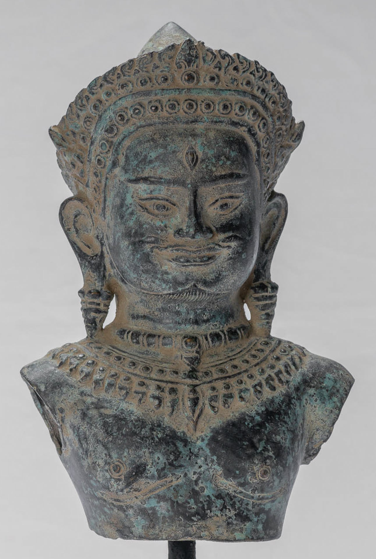 Shiva Statue - Antique Khmer Style Bronze Mounted Shiva Torso Statue - 34cm/14"