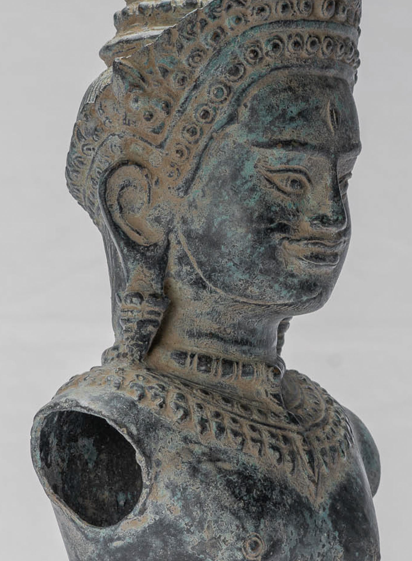 Shiva Statue - Antique Khmer Style Bronze Mounted Shiva Torso Statue - 34cm/14"