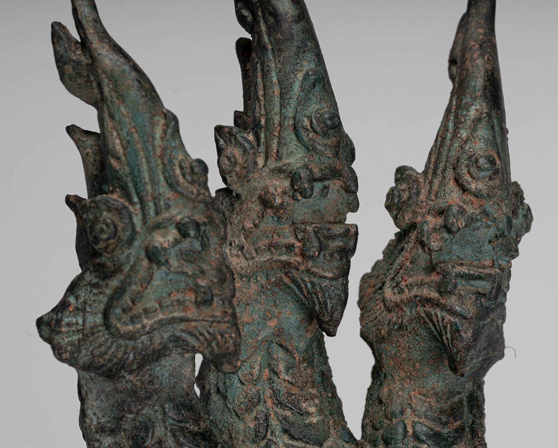 Antique Thai Style Bronze Protective Three Headed Naga, Snake or Serpent Statue - 30cm/12"