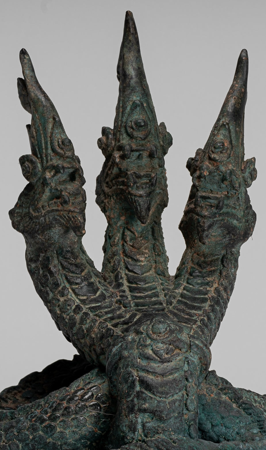 Antique Thai Style Bronze Protective Three Headed Naga, Snake or Serpent Statue - 30cm/12"