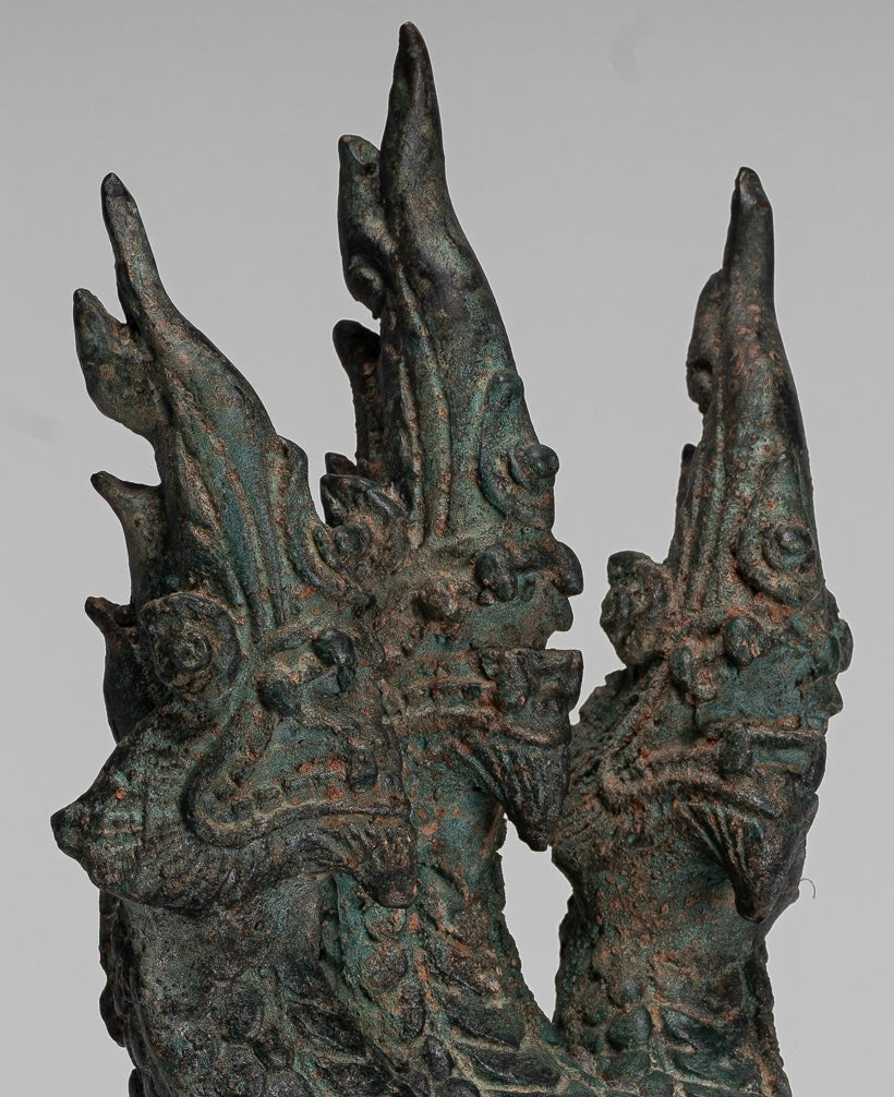 Antique Thai Style Bronze Protective Three Headed Naga, Snake or Serpent Statue - 30cm/12"