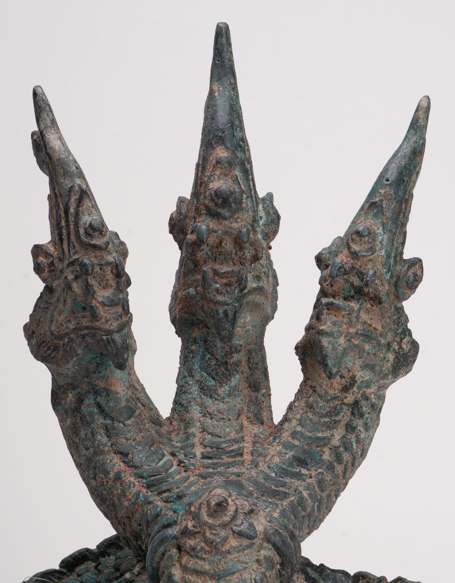 Antique Thai Style Bronze Protective Three Headed Naga, Snake or Serpent Statue - 32cm/13"