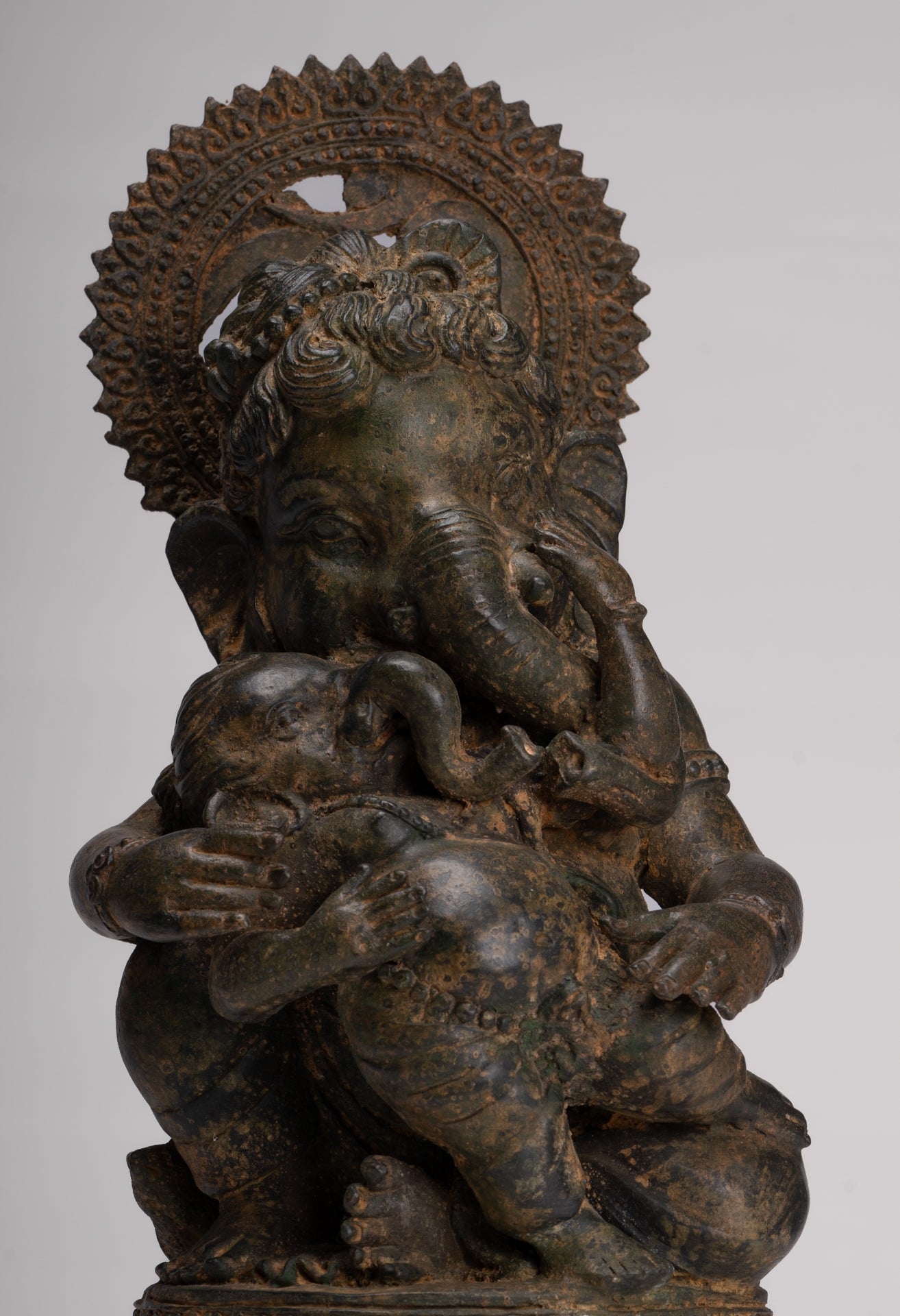 Ganesha Statue - Antique Chola Style Seated Bronze Ganesh Statue with Baby Ganesh - 37cm/15"