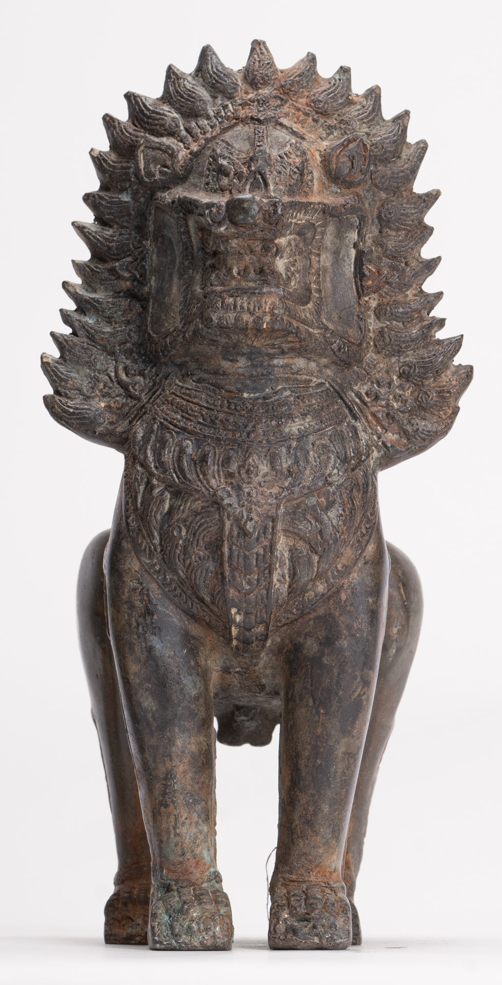 Temple Lions - Antique Thai Style Bronze Standing Singha Temple Guardians or Lions - 19cm/8" (Pair)