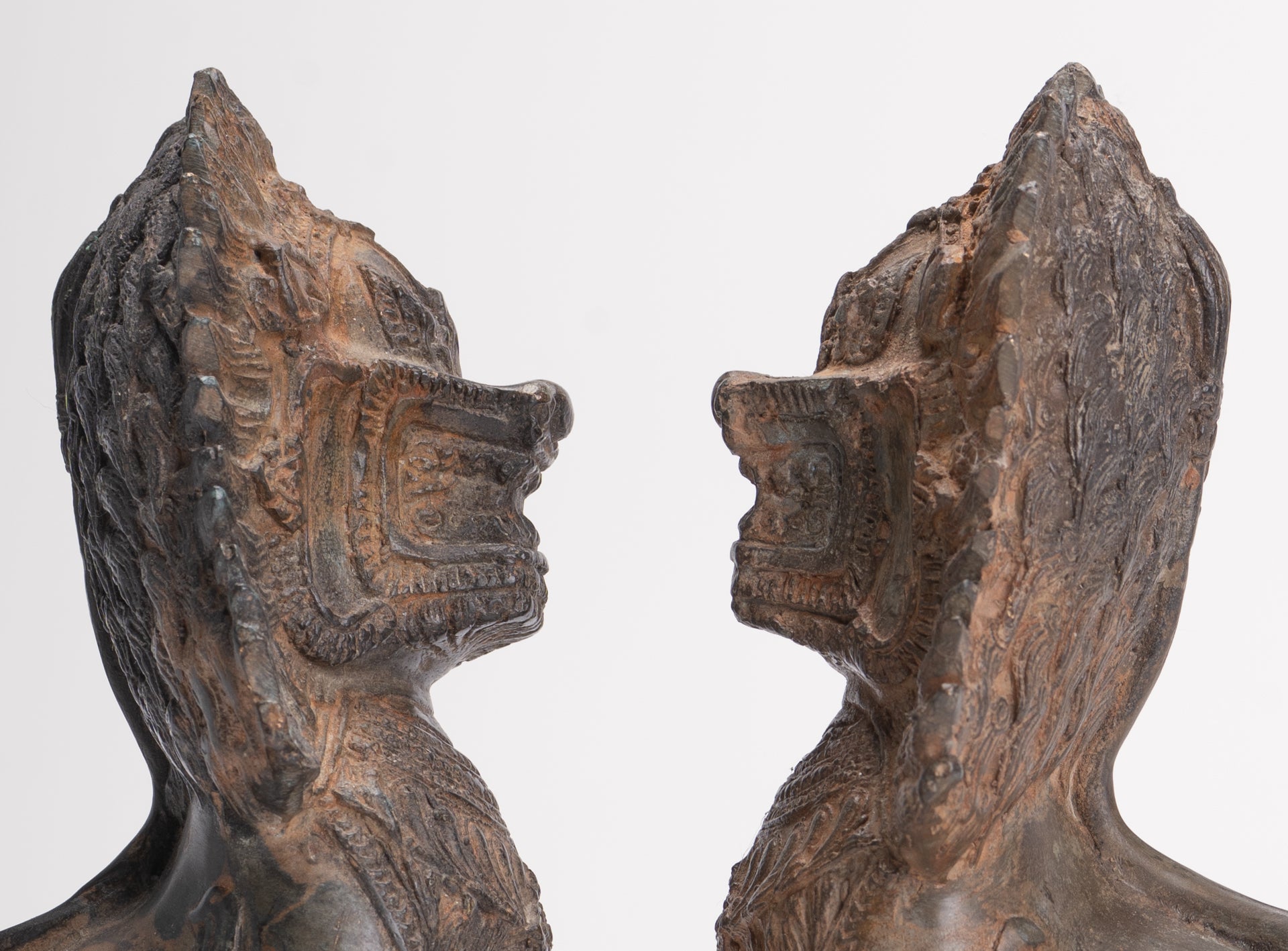 Temple Lions - Antique Thai Style Bronze Standing Singha Temple Guardians or Lions - 19cm/8" (Pair)