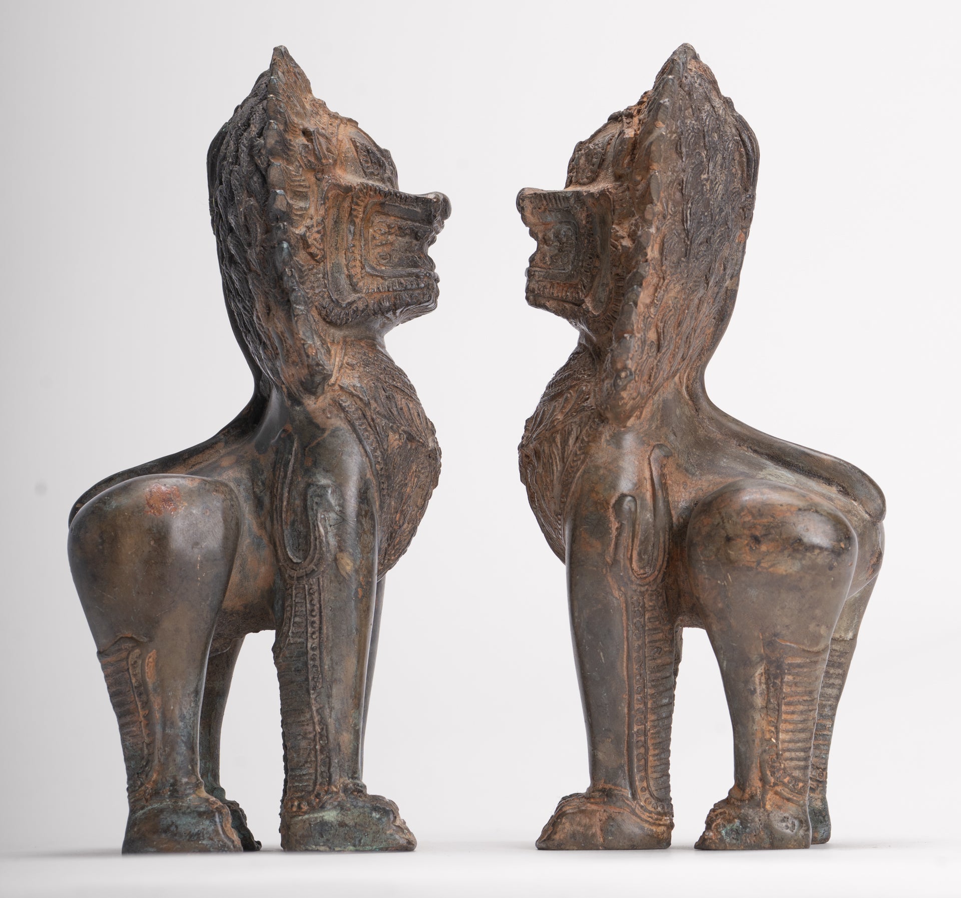 Temple Lions - Antique Thai Style Bronze Standing Singha Temple Guardians or Lions - 19cm/8" (Pair)