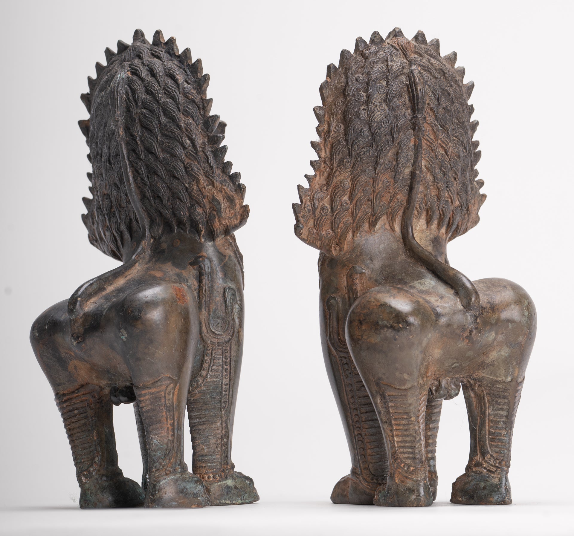 Temple Lions - Antique Thai Style Bronze Standing Singha Temple Guardians or Lions - 19cm/8" (Pair)
