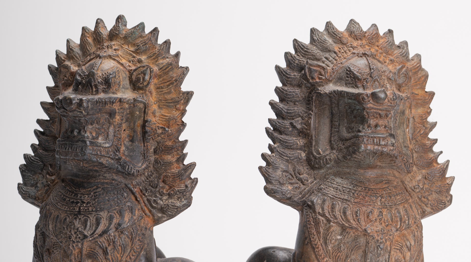 Temple Lions - Antique Thai Style Bronze Standing Singha Temple Guardians or Lions - 19cm/8" (Pair)