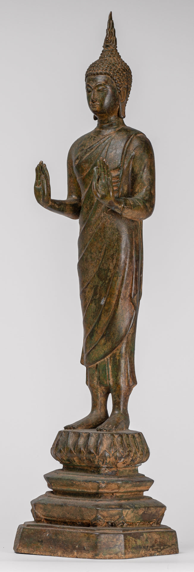 Buddha Statue - Antique Thai Style Bronze Standing Abhaya Protection Buddha Statue - 62cm/25"