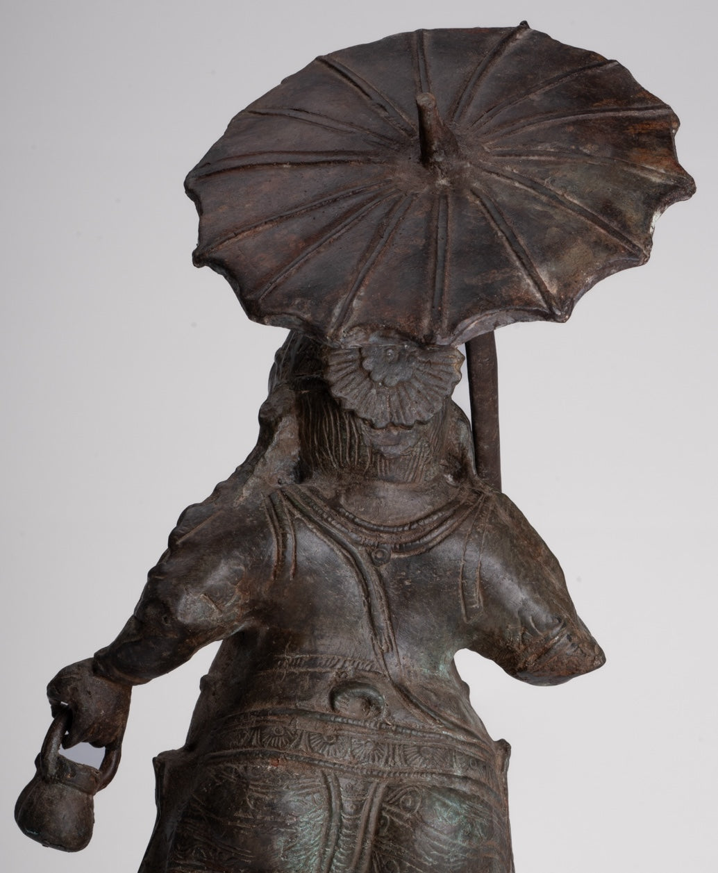 Antique Chola Style Standing Bronze Bridegroom or Mappilai Ganesha Statue w/Umbrella - 37cm/15"