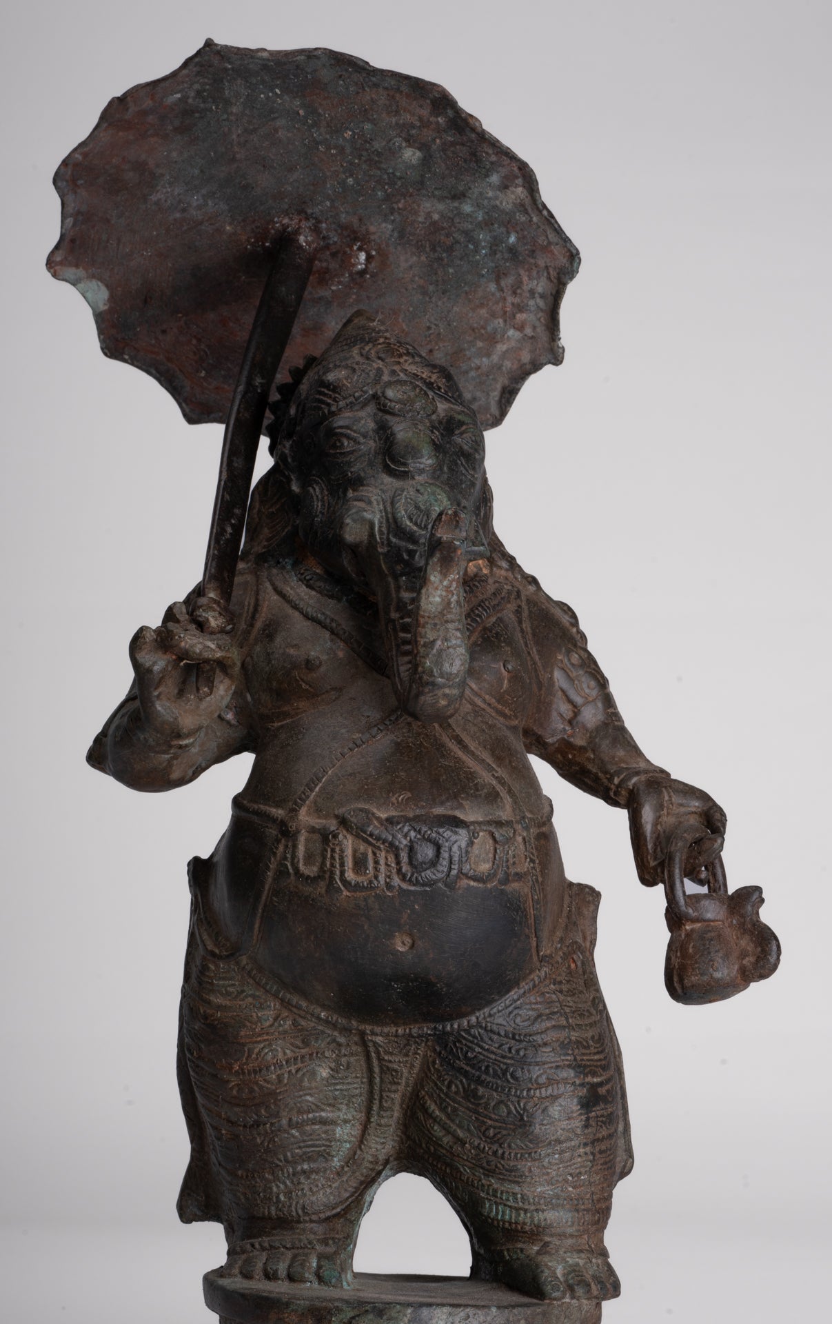 Antique Chola Style Standing Bronze Bridegroom or Mappilai Ganesha Statue w/Umbrella - 37cm/15"