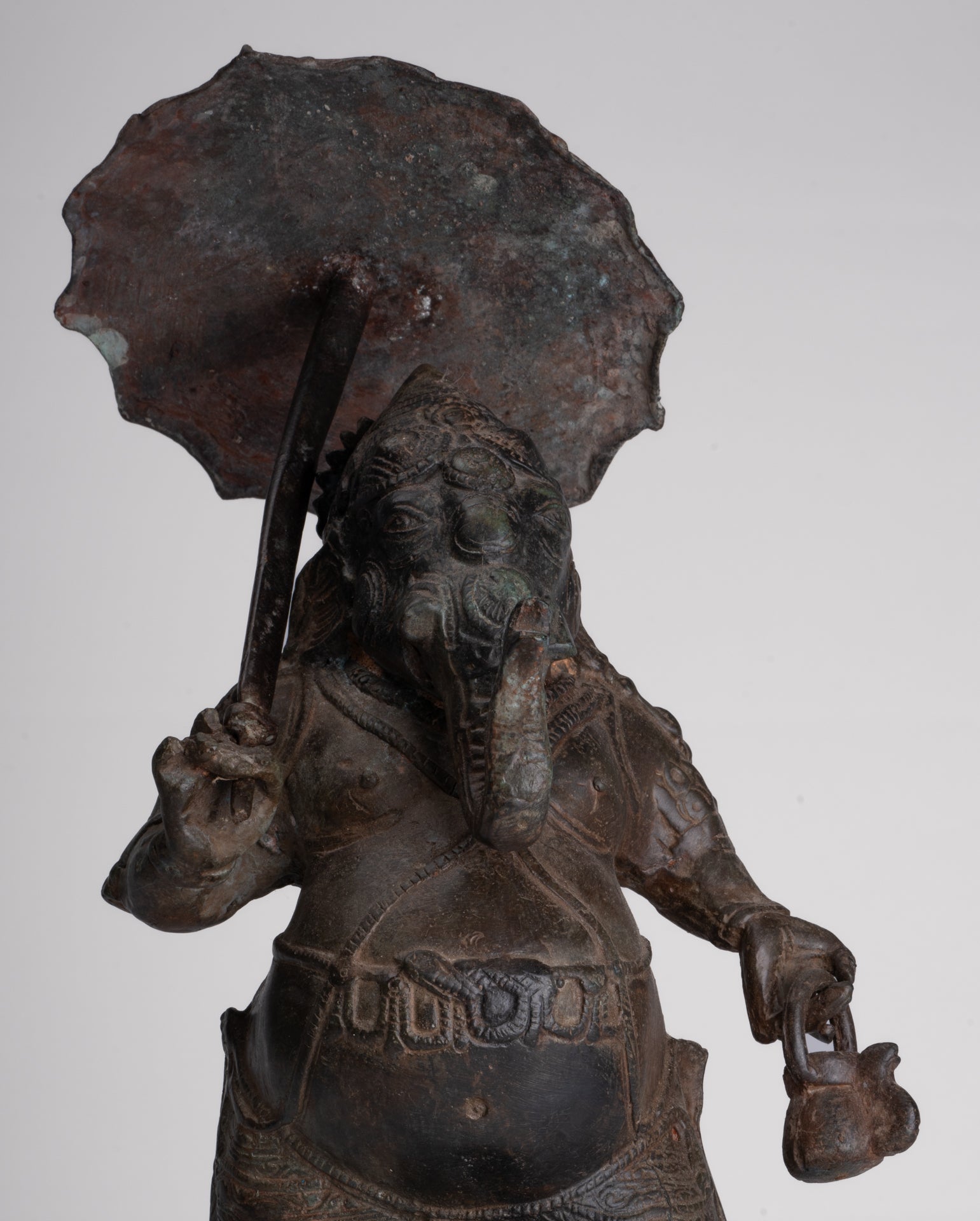 Antique Chola Style Standing Bronze Bridegroom or Mappilai Ganesha Statue w/Umbrella - 37cm/15"