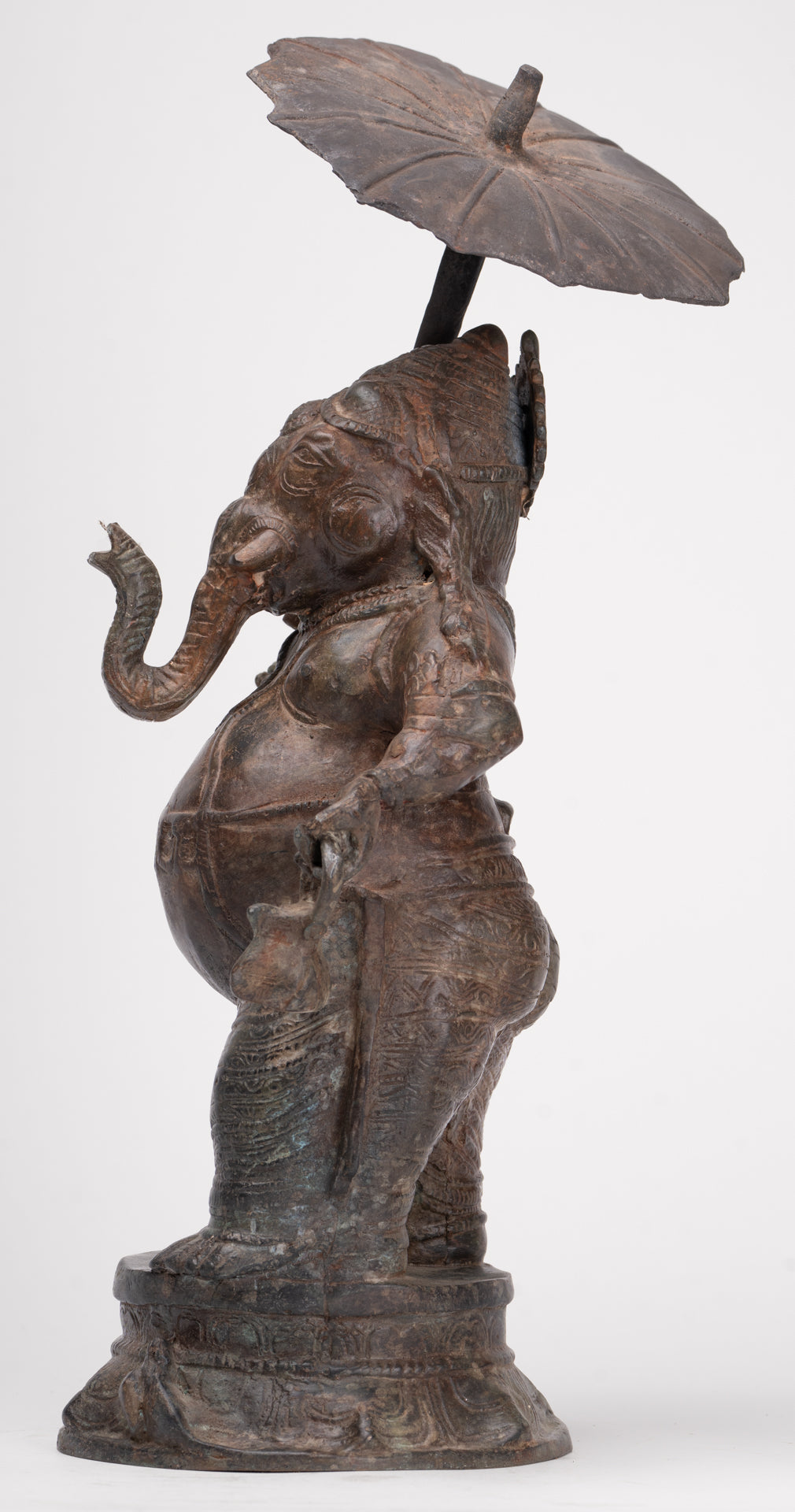 Antique Chola Style Standing Bronze Bridegroom or Mappillai Ganesha Statue w/Umbrella - 39cm/16"