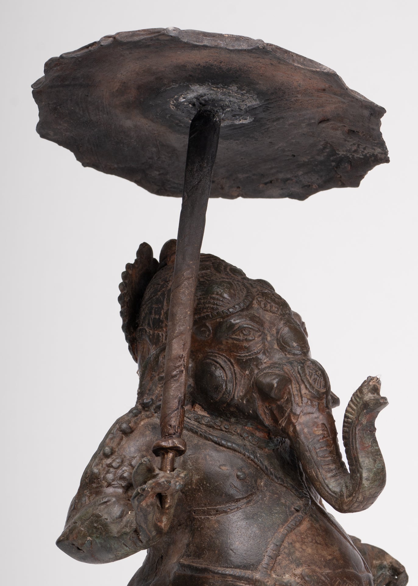 Antique Chola Style Standing Bronze Bridegroom or Mappillai Ganesha Statue w/Umbrella - 39cm/16"