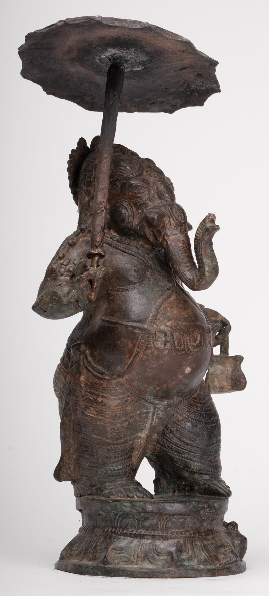 Antique Chola Style Standing Bronze Bridegroom or Mappillai Ganesha Statue w/Umbrella - 39cm/16"
