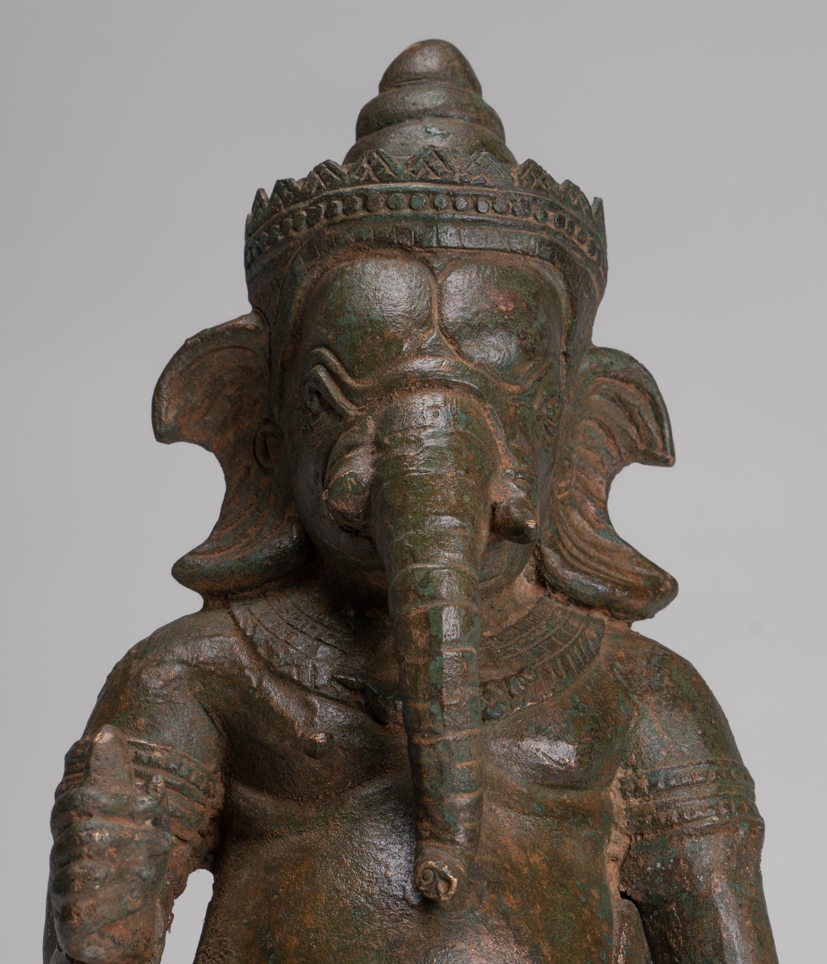 Ganesha Statue - Antique Thai Style Bronze Kneeling Ganesh Statue - 34cm/14"