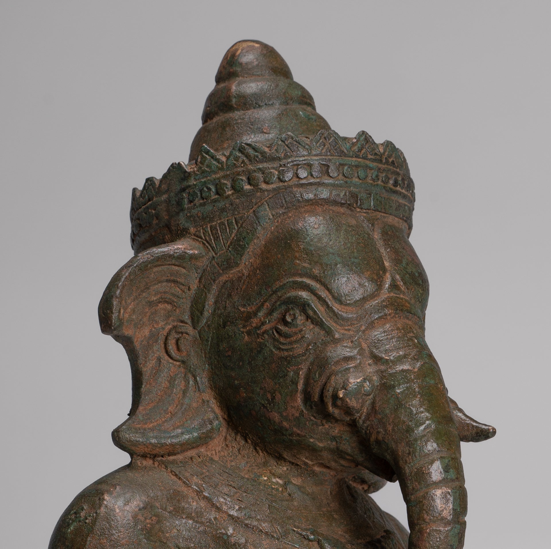 Ganesha Statue - Antique Thai Style Bronze Kneeling Ganesh Statue - 34cm/14"