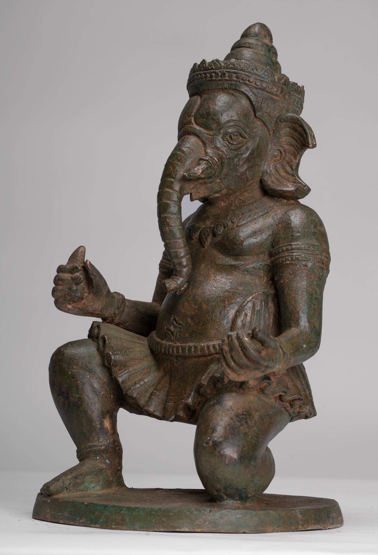 Ganesha Statue - Antique Thai Style Bronze Kneeling Ganesh Statue - 34cm/14"
