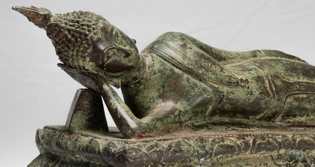 Statue Buddha - Antique Thai Thai Bronzo Sukhothai Reclining Nirvana Buddha Statua - 54cm/22 "