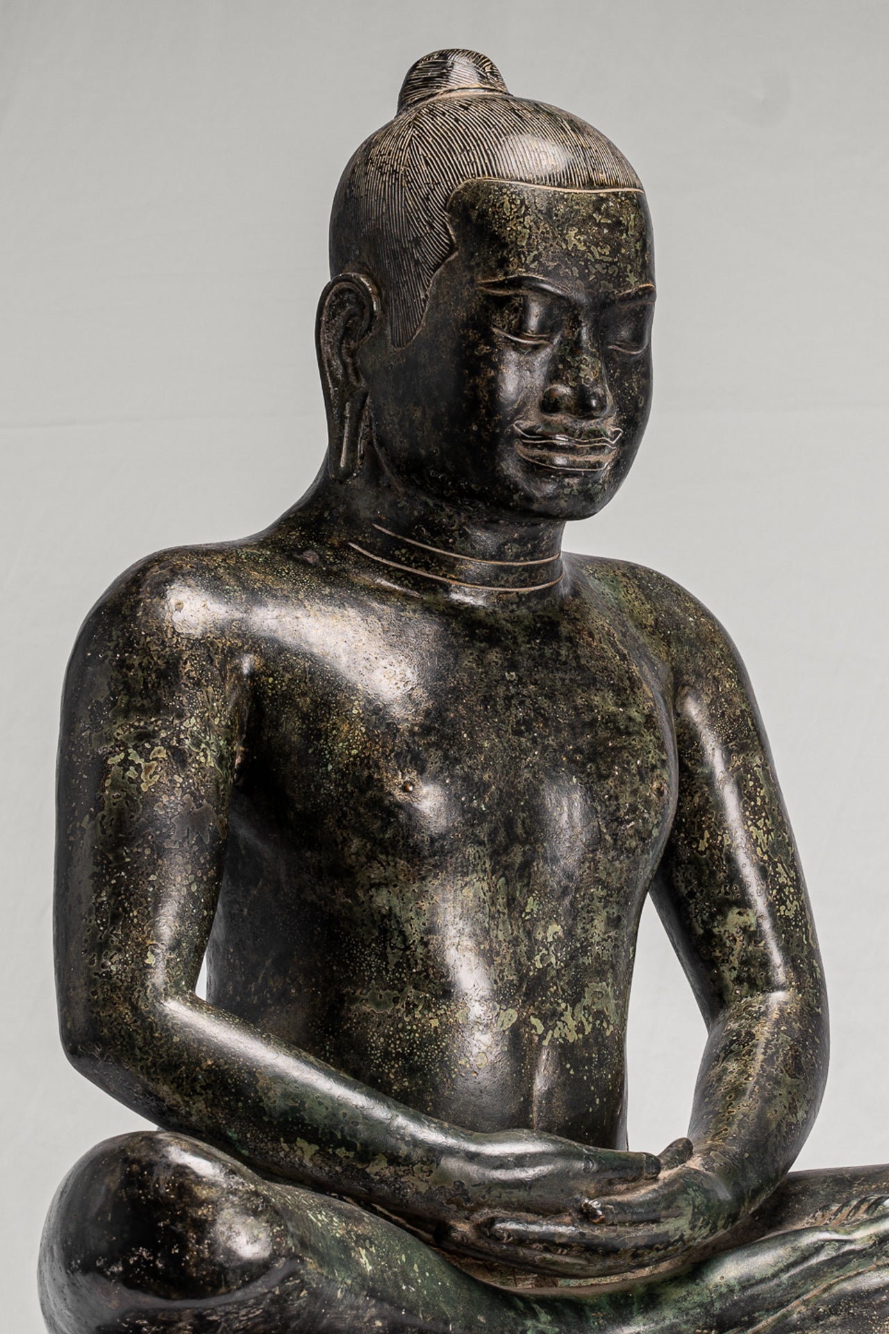 Antique Khmer Style Seated Bronze Meditation Jayavarman VII Statue - 68cm/27"