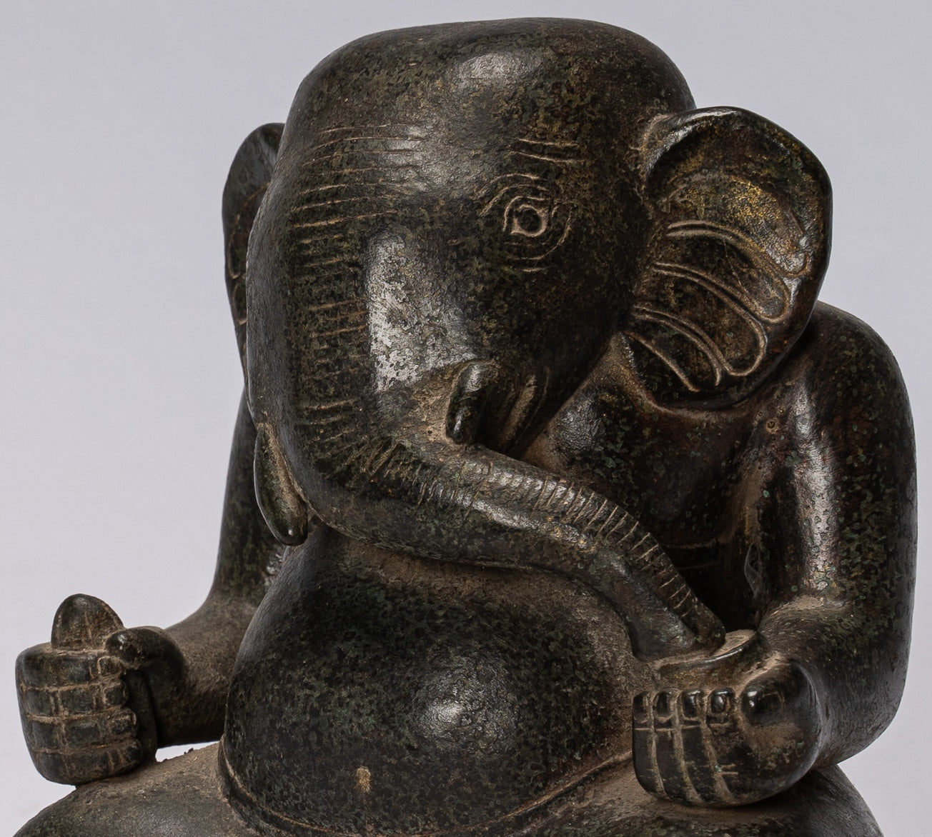 Ganesh Statue - Antique Cham Style Seated Bronze Ganesha Statue - 20cm/8"