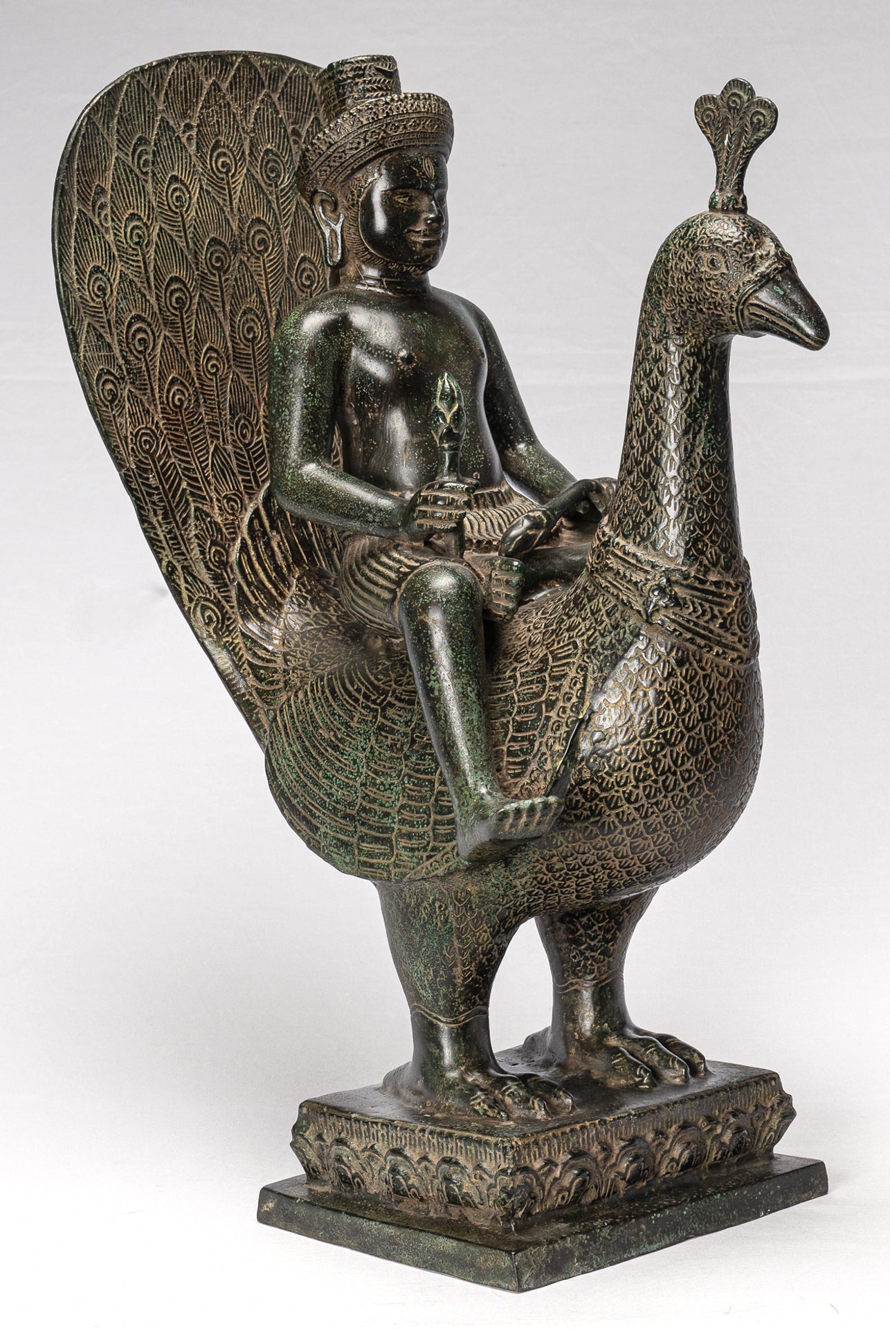 Murugan Statue - Antique Khmer Style Bronze Murugan on His Peacock - 53cm/21"