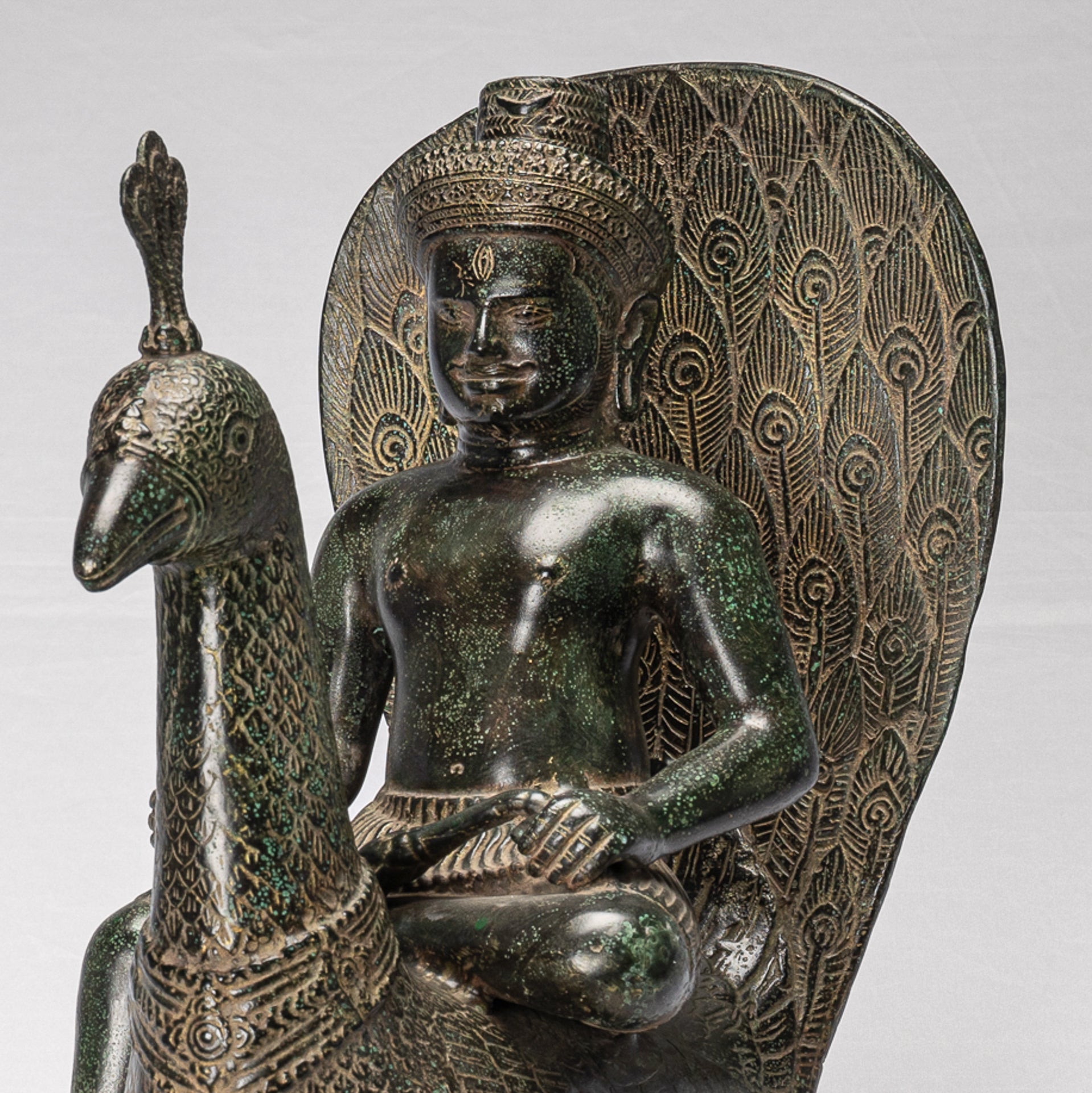 Murugan Statue - Antique Khmer Style Bronze Murugan on His Peacock - 53cm/21"