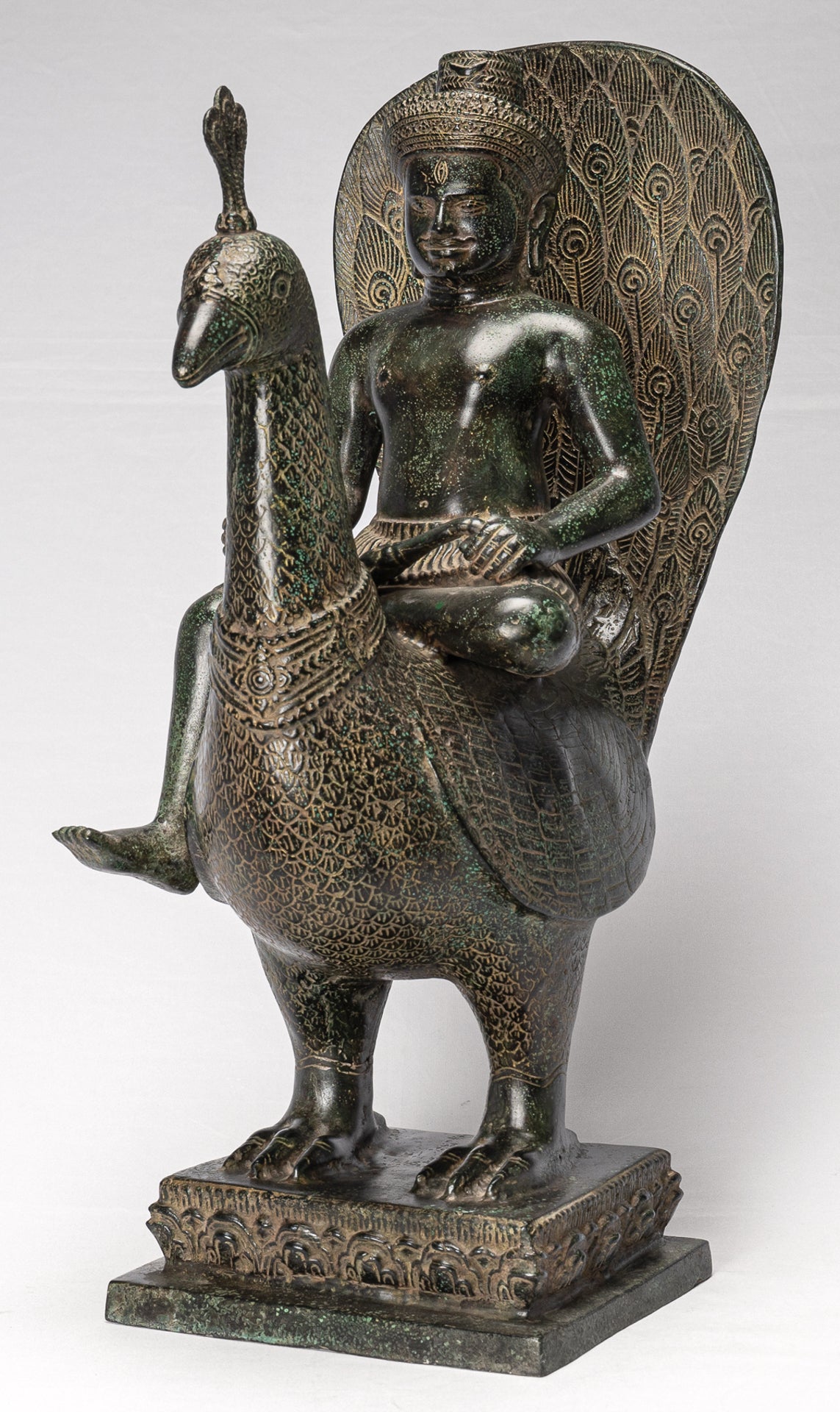 Murugan Statue - Antique Khmer Style Bronze Murugan on His Peacock - 53cm/21"