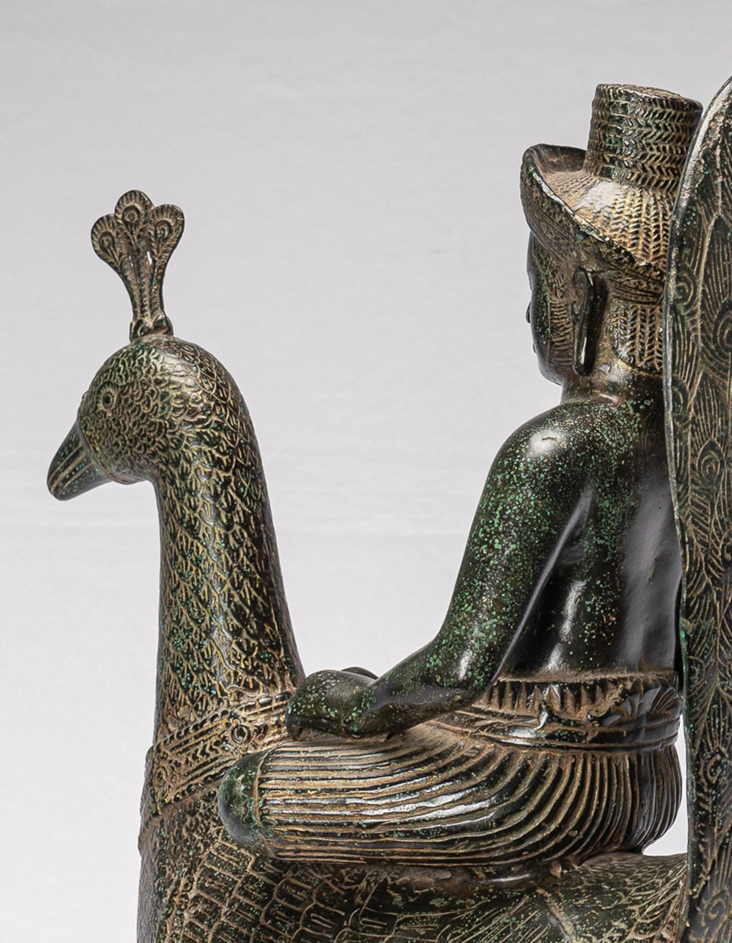 Murugan Statue - Antique Khmer Style Bronze Murugan on His Peacock - 53cm/21"