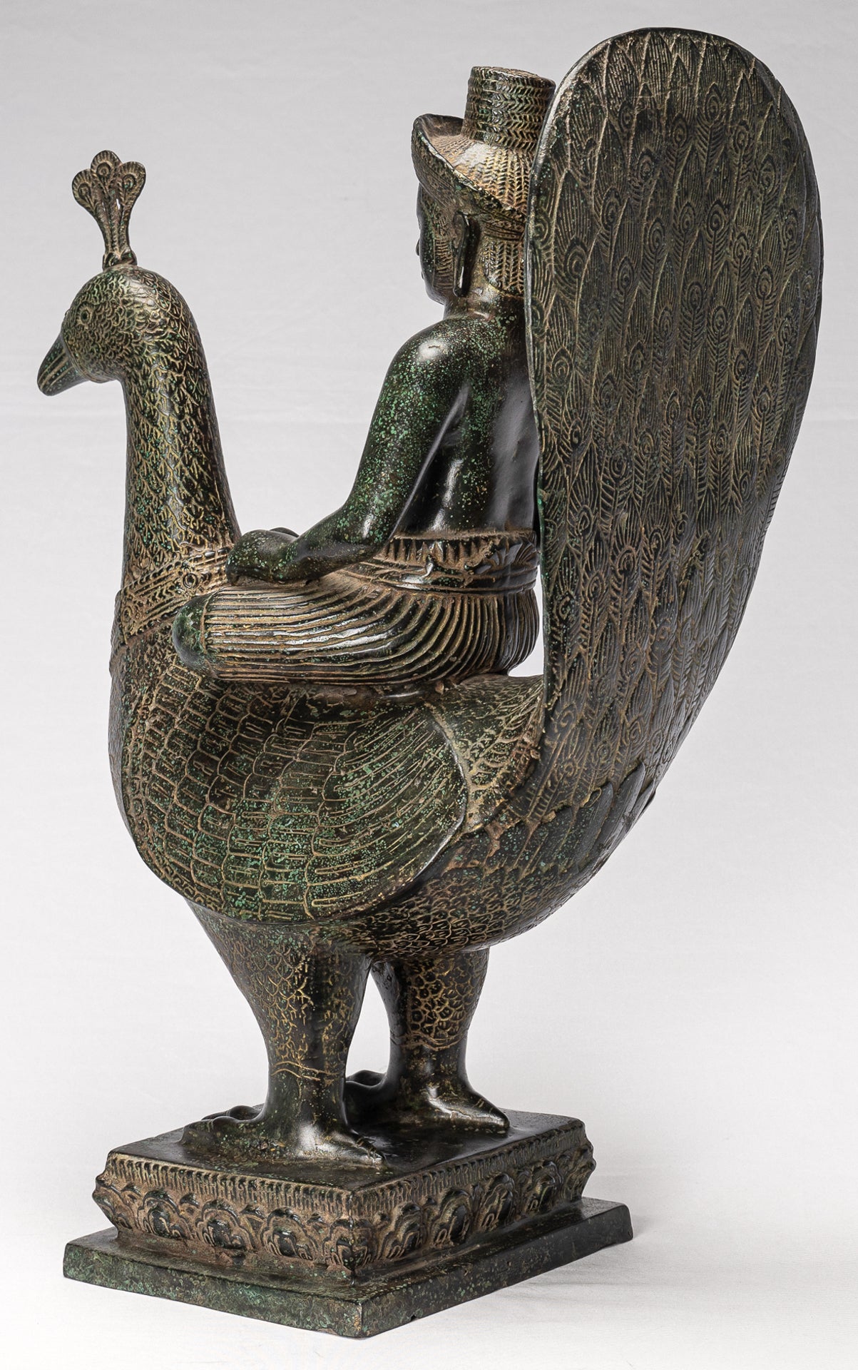 Murugan Statue - Antique Khmer Style Bronze Murugan on His Peacock - 53cm/21"