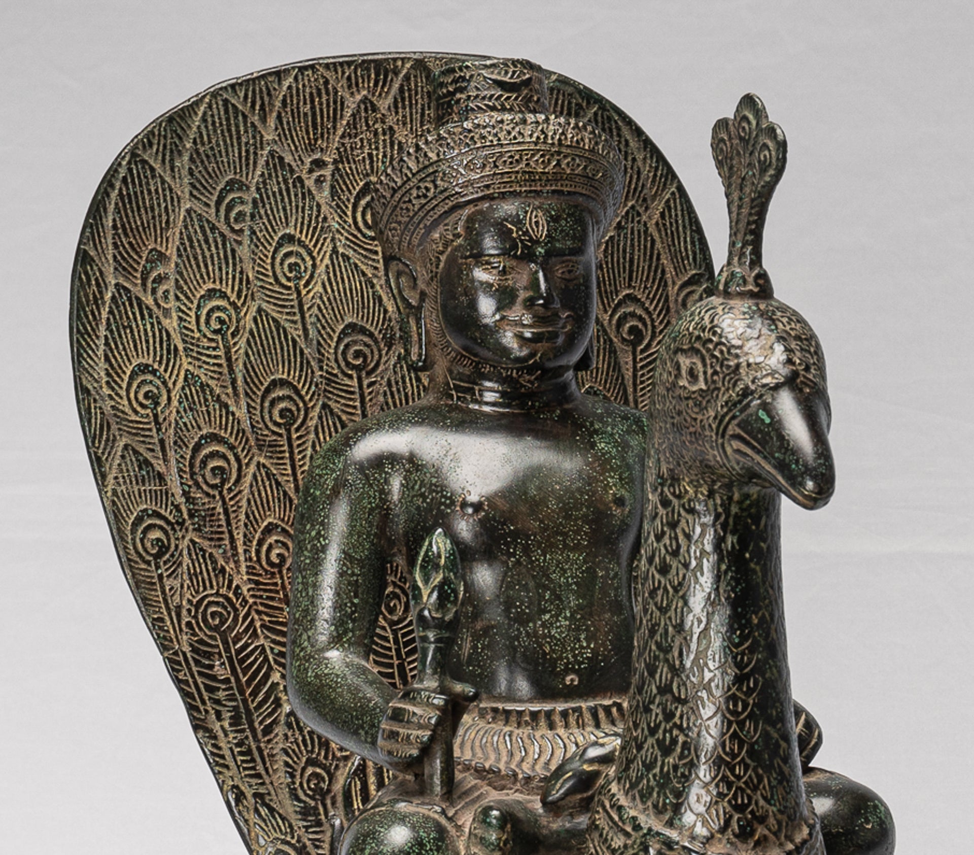 Murugan Statue - Antique Khmer Style Bronze Murugan on His Peacock - 53cm/21"