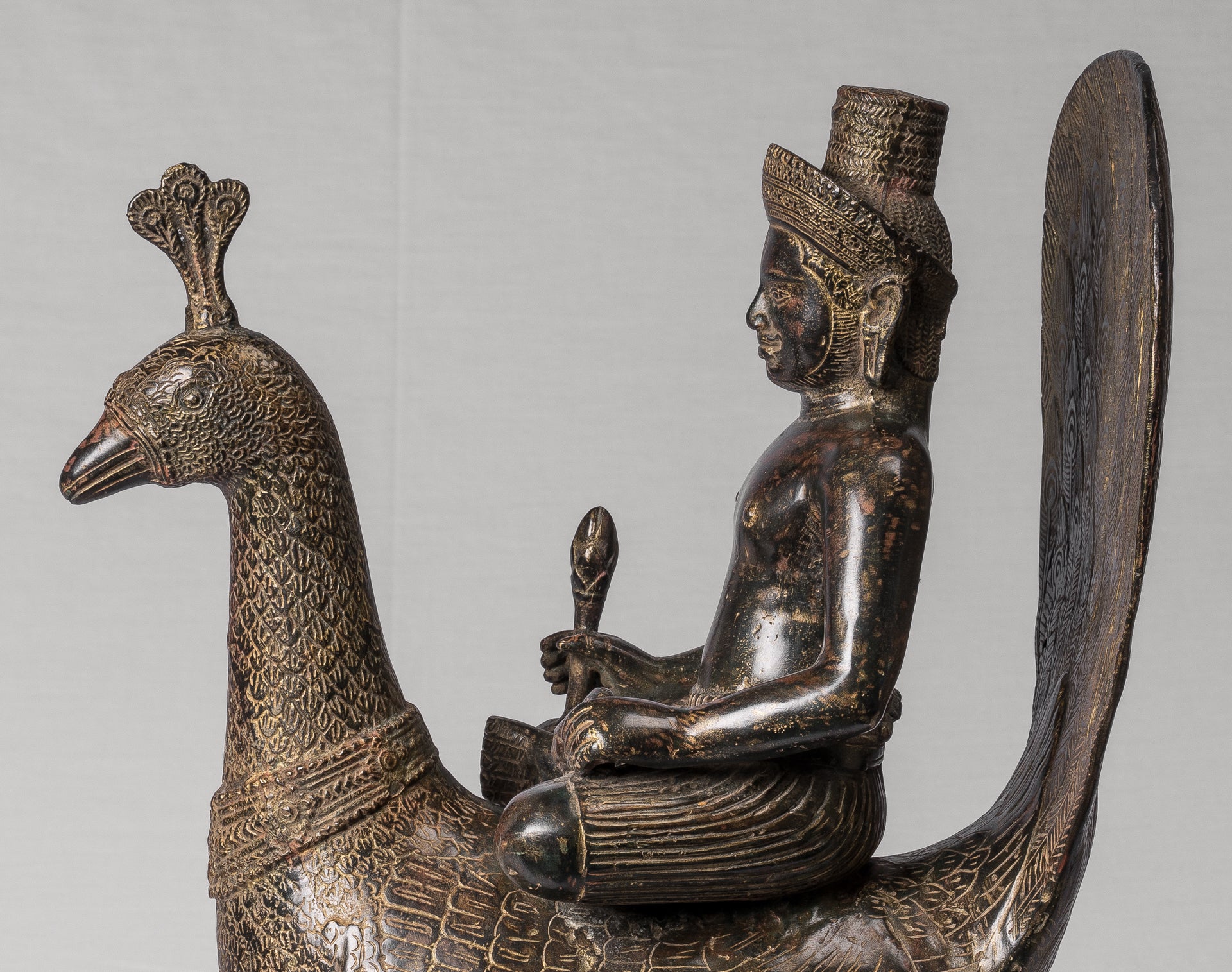 Murugan Statue - Antique Khmer Style Bronze Murugan on His Peacock - 53cm/21"