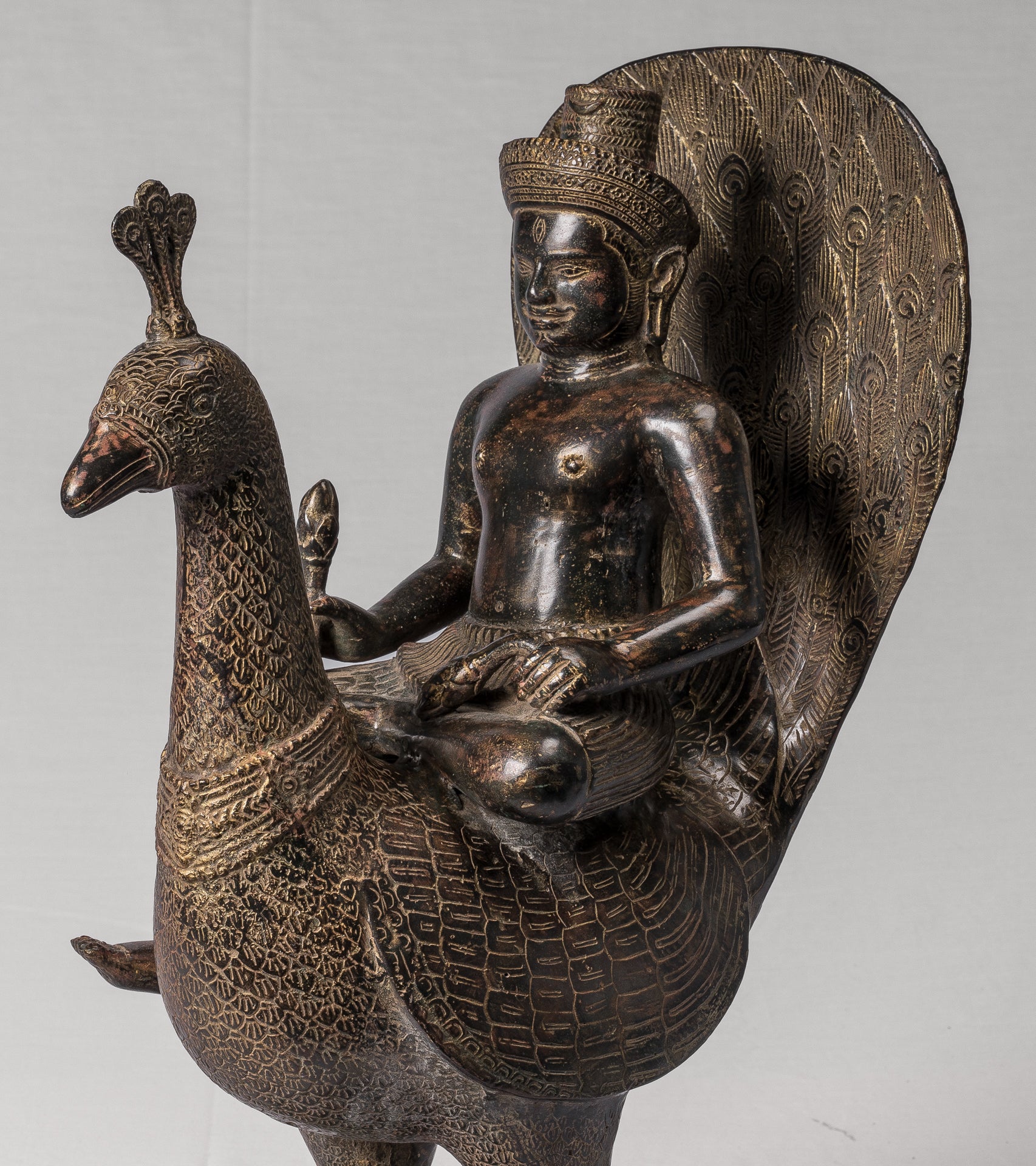 Murugan Statue - Antique Khmer Style Bronze Murugan on His Peacock - 53cm/21"