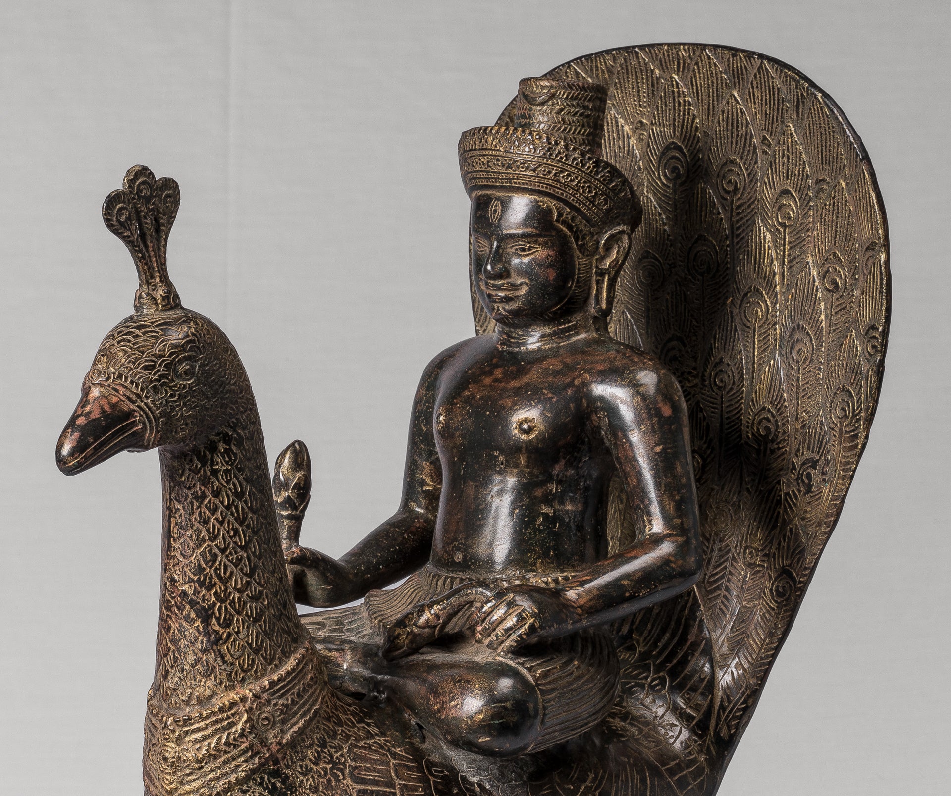 Murugan Statue - Antique Khmer Style Bronze Murugan on His Peacock - 53cm/21"