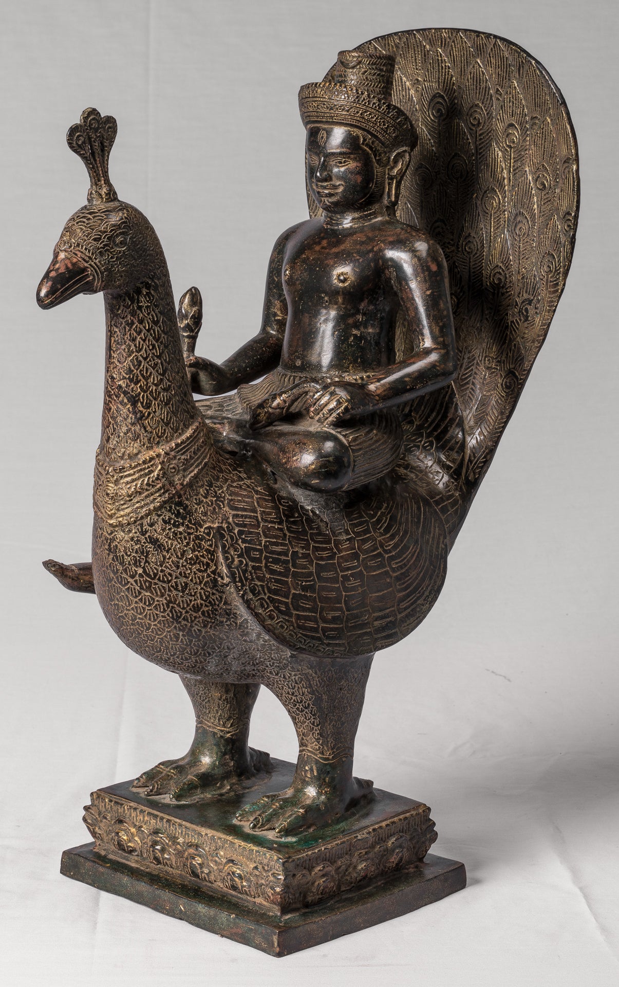 Murugan Statue - Antique Khmer Style Bronze Murugan on His Peacock - 53cm/21"
