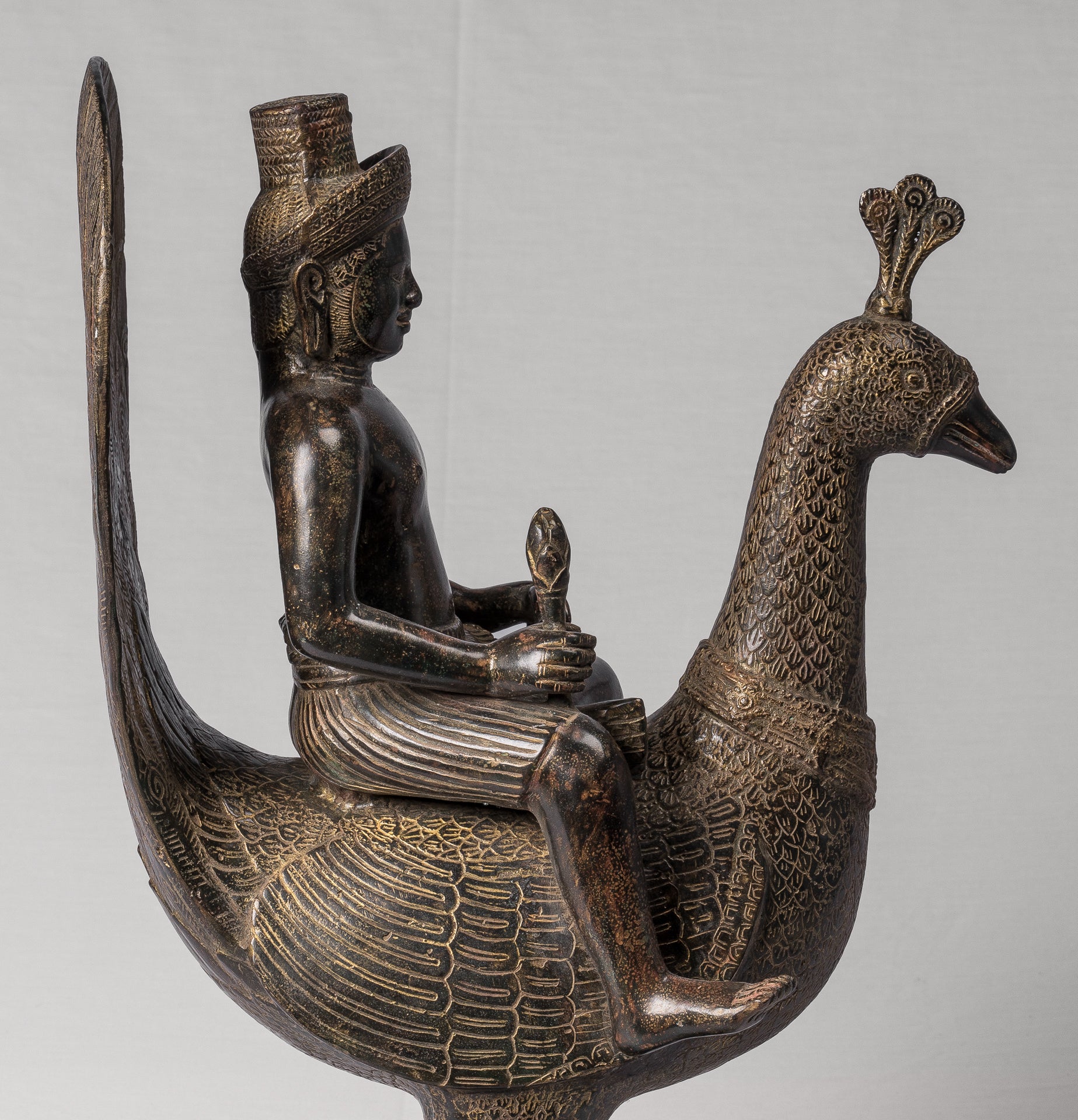 Murugan Statue - Antique Khmer Style Bronze Murugan on His Peacock - 53cm/21"