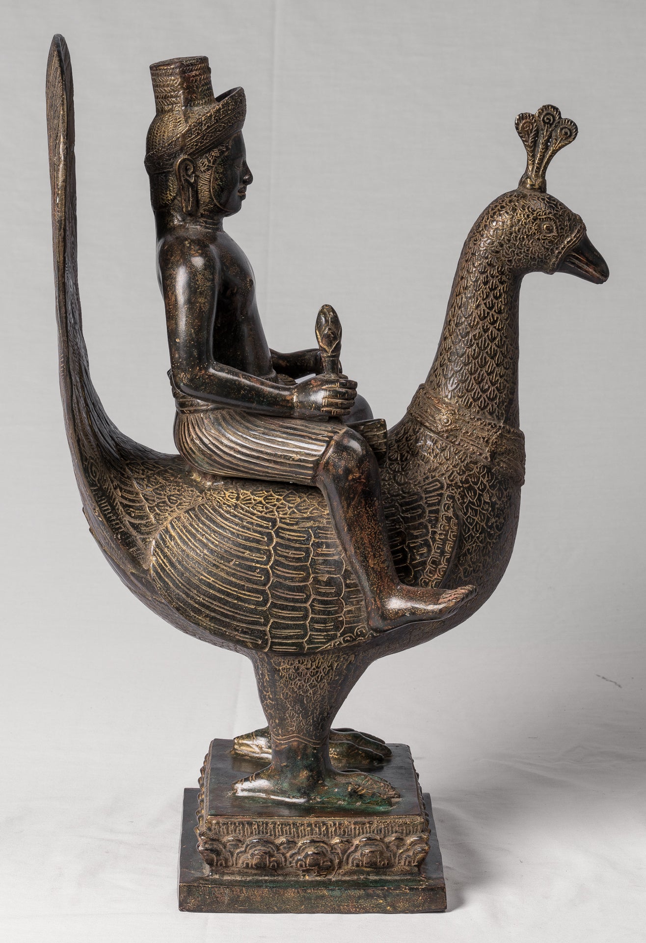 Murugan Statue - Antique Khmer Style Bronze Murugan on His Peacock - 53cm/21"