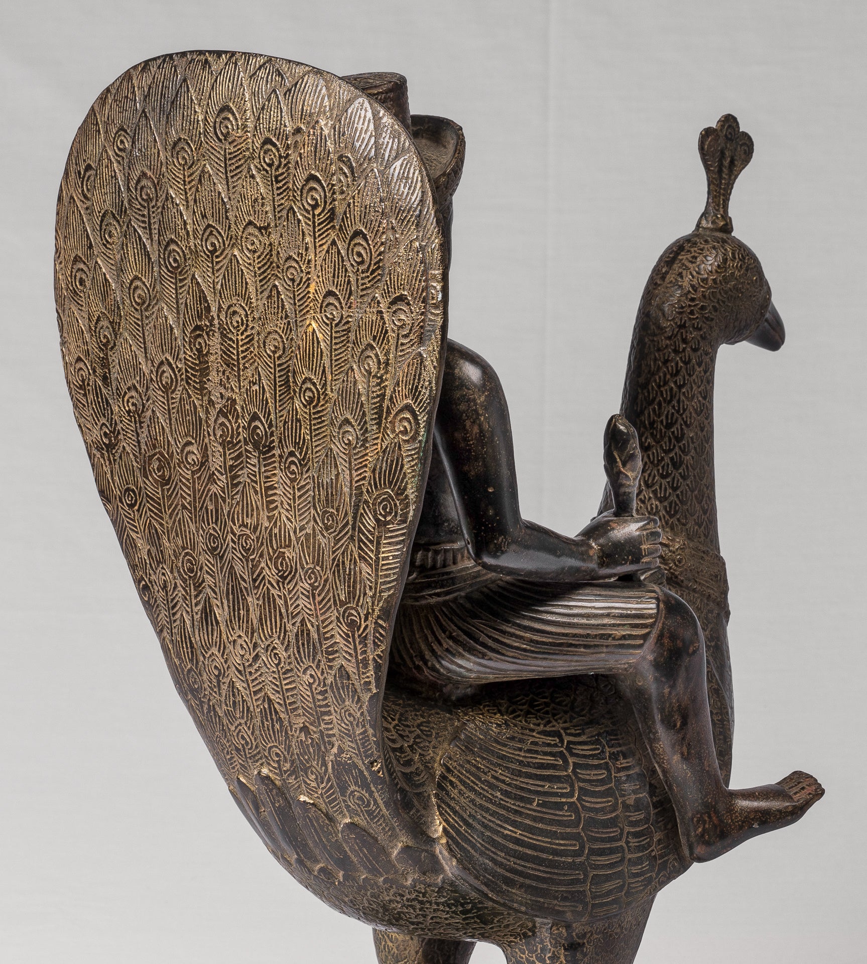 Murugan Statue - Antique Khmer Style Bronze Murugan on His Peacock - 53cm/21"