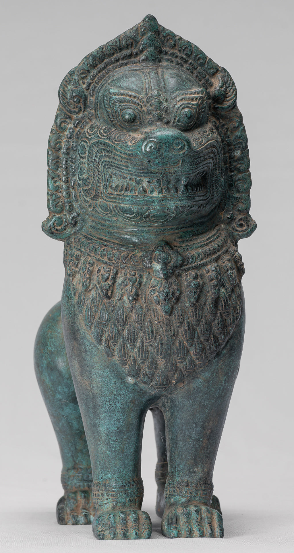 Temple Lion - Antique Khmer Style Bronze Standing Temple Guardian or Lion - 28cm/11"