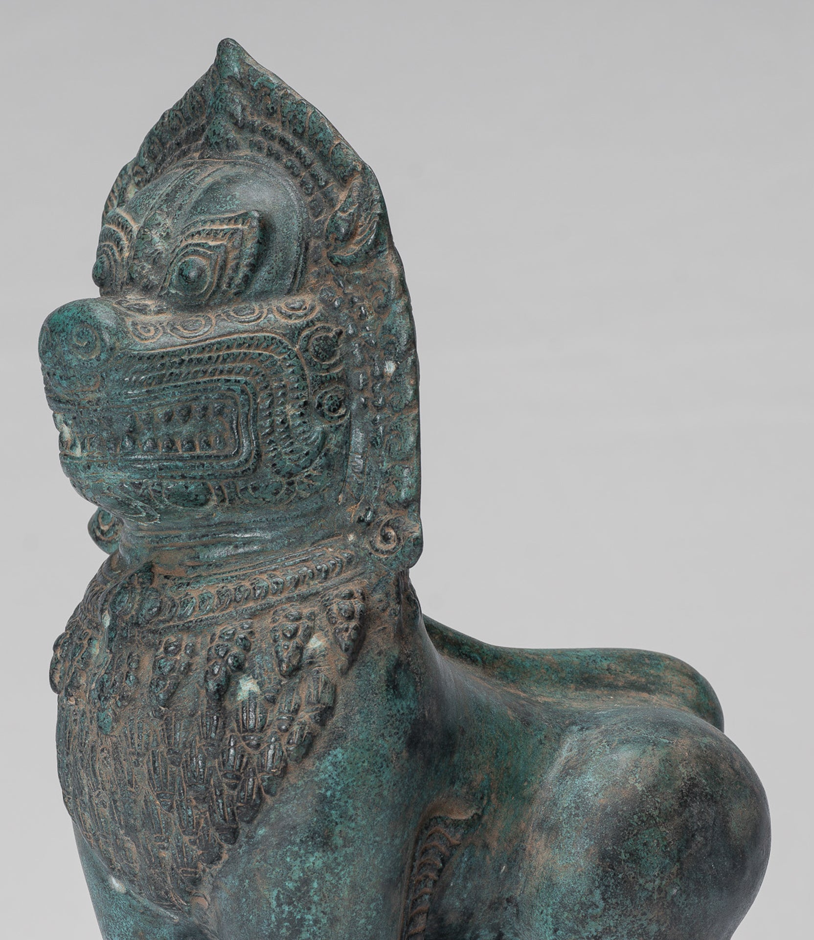 Temple Lion - Antique Khmer Style Bronze Standing Temple Guardian or Lion - 28cm/11"