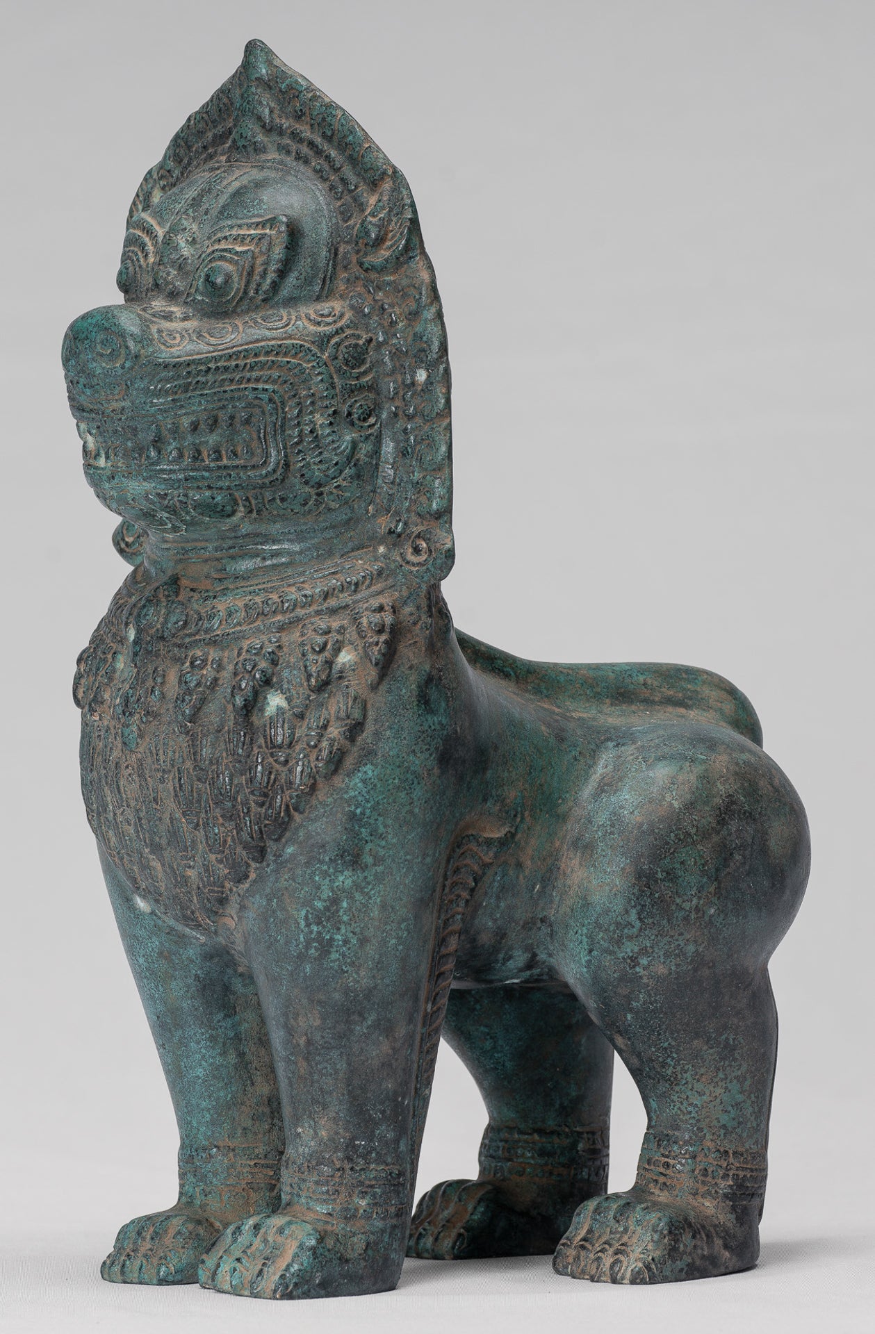 Temple Lion - Antique Khmer Style Bronze Standing Temple Guardian or Lion - 28cm/11"