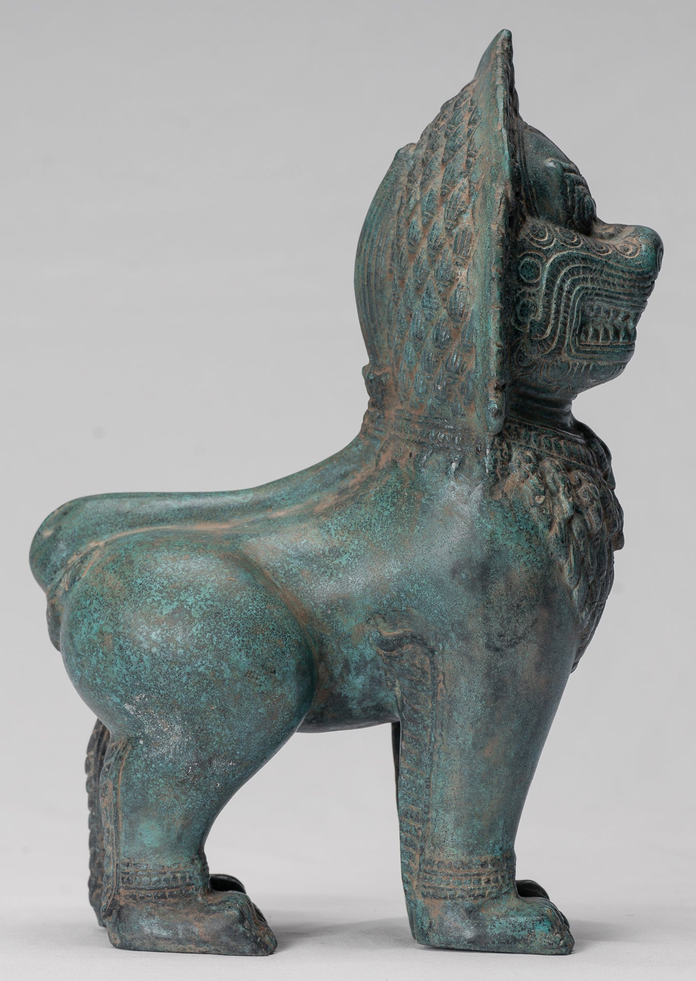 Temple Lion - Antique Khmer Style Bronze Standing Temple Guardian or Lion - 28cm/11"