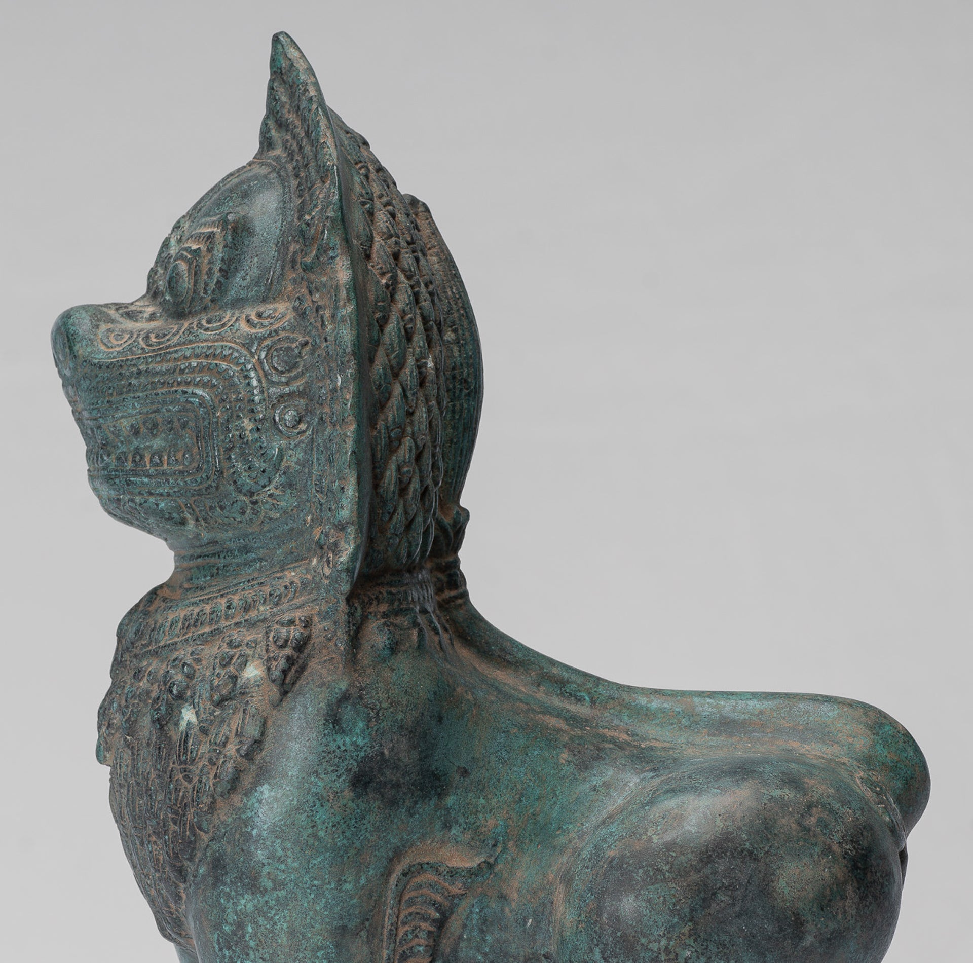 Temple Lion - Antique Khmer Style Bronze Standing Temple Guardian or Lion - 28cm/11"