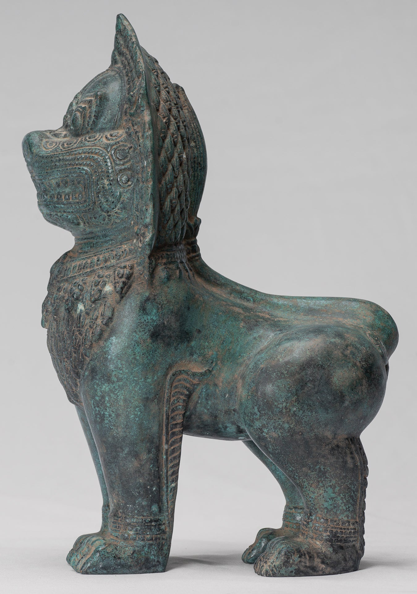 Temple Lion - Antique Khmer Style Bronze Standing Temple Guardian or Lion - 28cm/11"